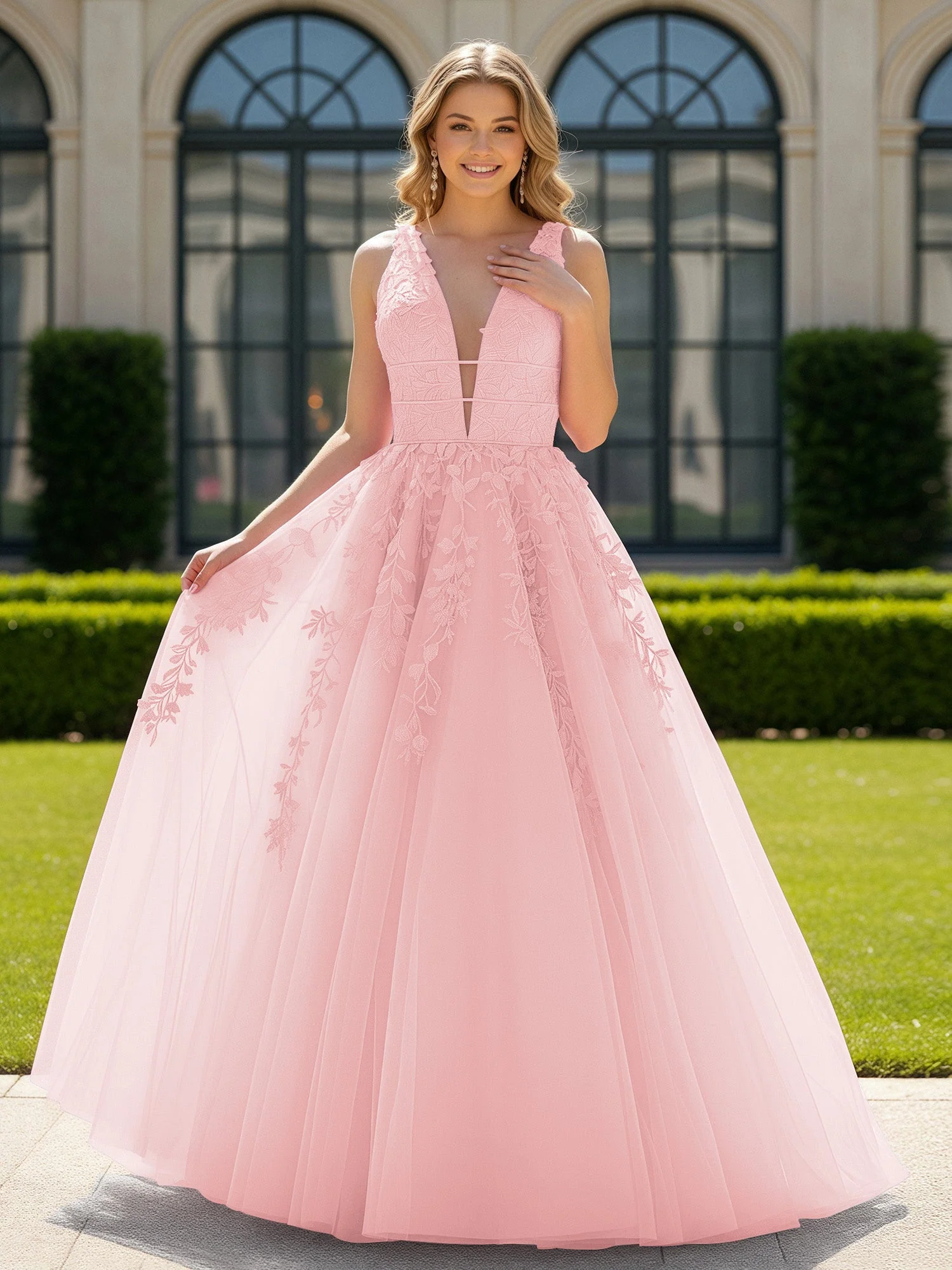 Applique Tüll Offener Rücken Tief V-Ausschnitt Ballkleid Zartrosa