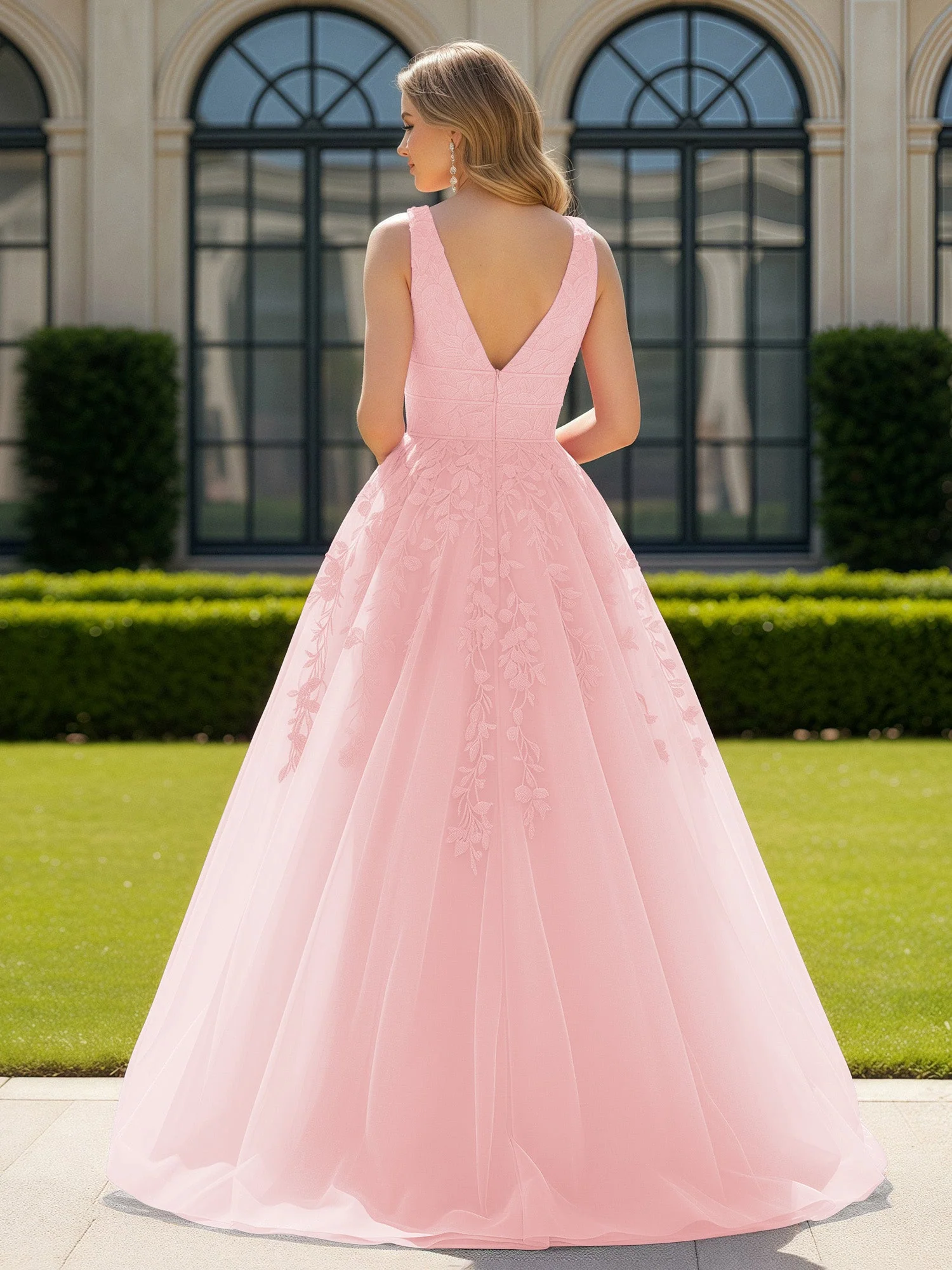 Applique Tüll Offener Rücken Tief V-Ausschnitt Ballkleid Zartrosa - Image 2