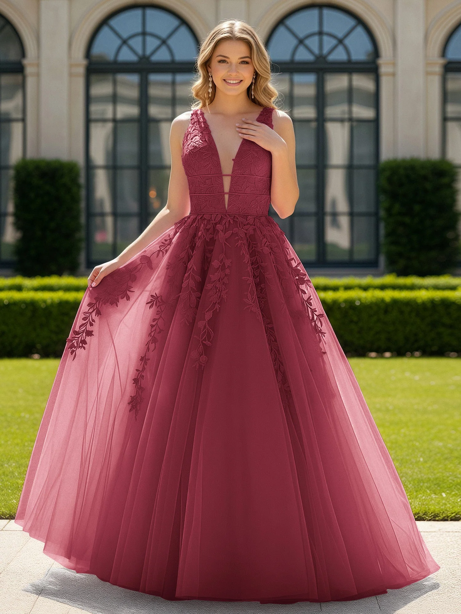 Applique Tüll Offener Rücken Tief V-Ausschnitt Ballkleid Zimtrose