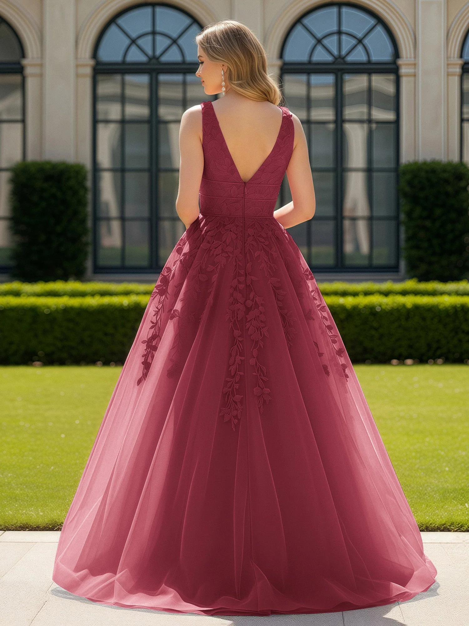 Applique Tüll Offener Rücken Tief V-Ausschnitt Ballkleid Zimtrose - Image 2