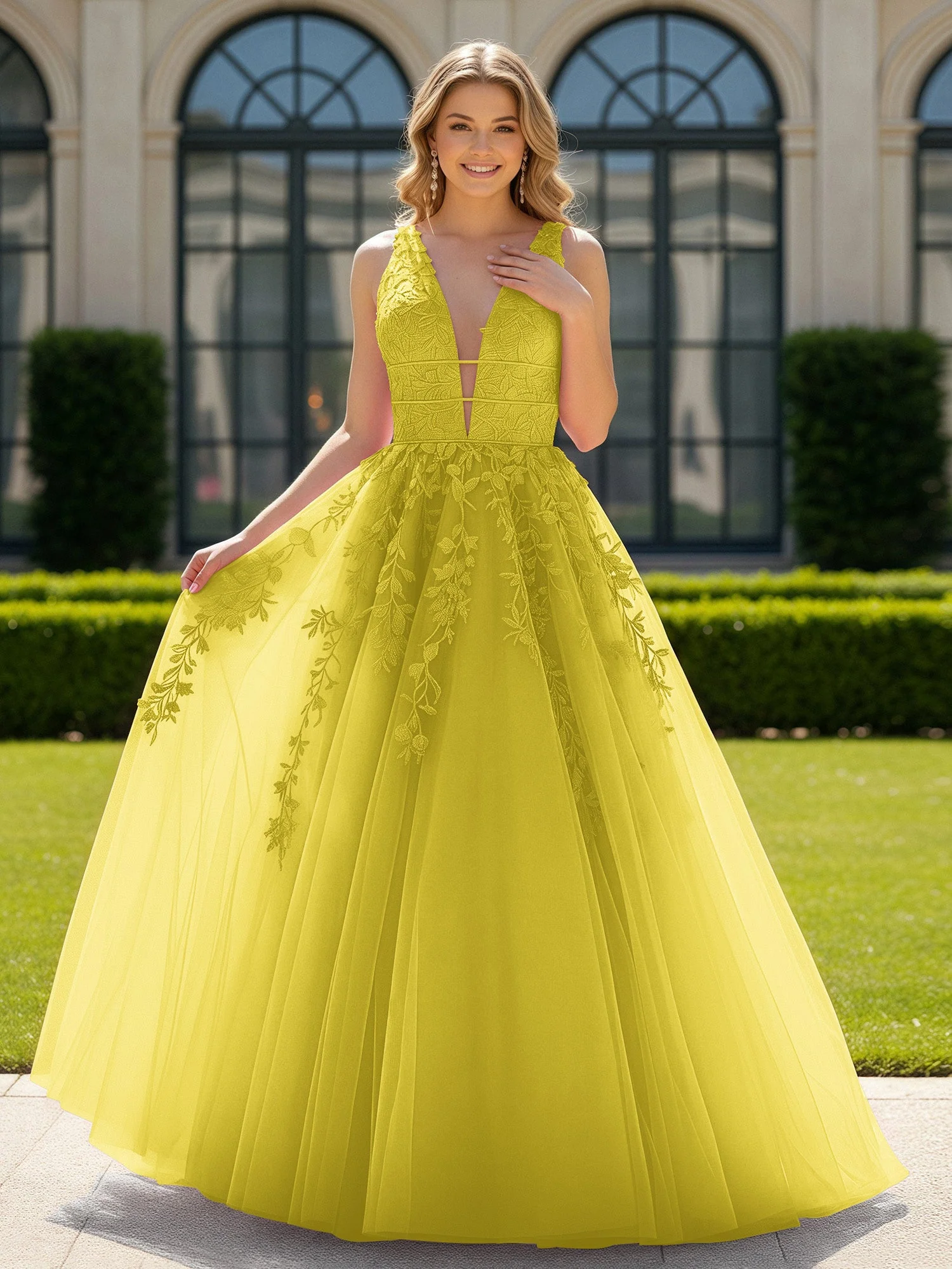Applique Tüll Offener Rücken Tief V-Ausschnitt Ballkleid Zitrone