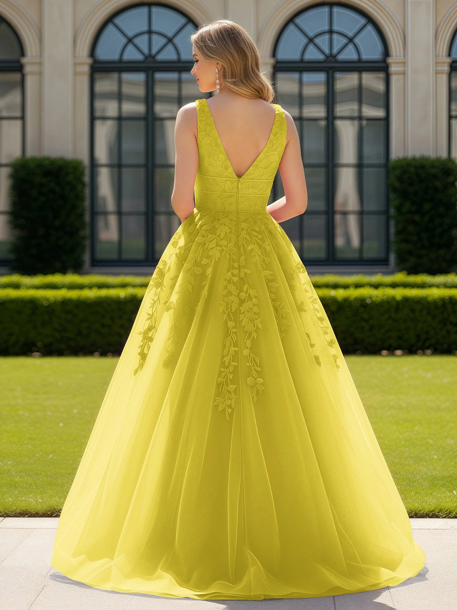 Applique Tüll Offener Rücken Tief V-Ausschnitt Ballkleid Zitrone - Image 2