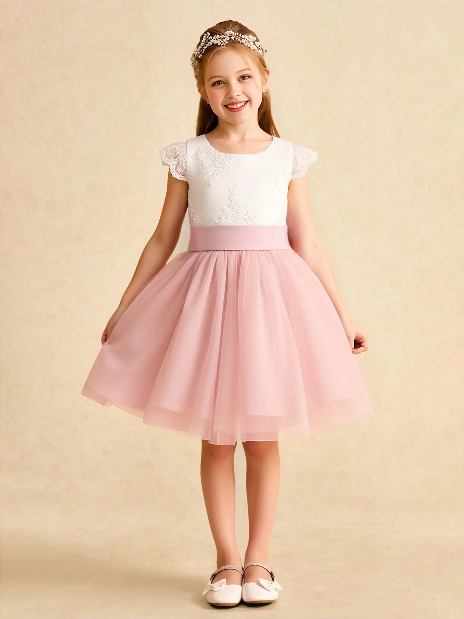 Spitze Scoop Ausschnitt Knielang Tüll Blumenmädchen Kleid Zartrosa