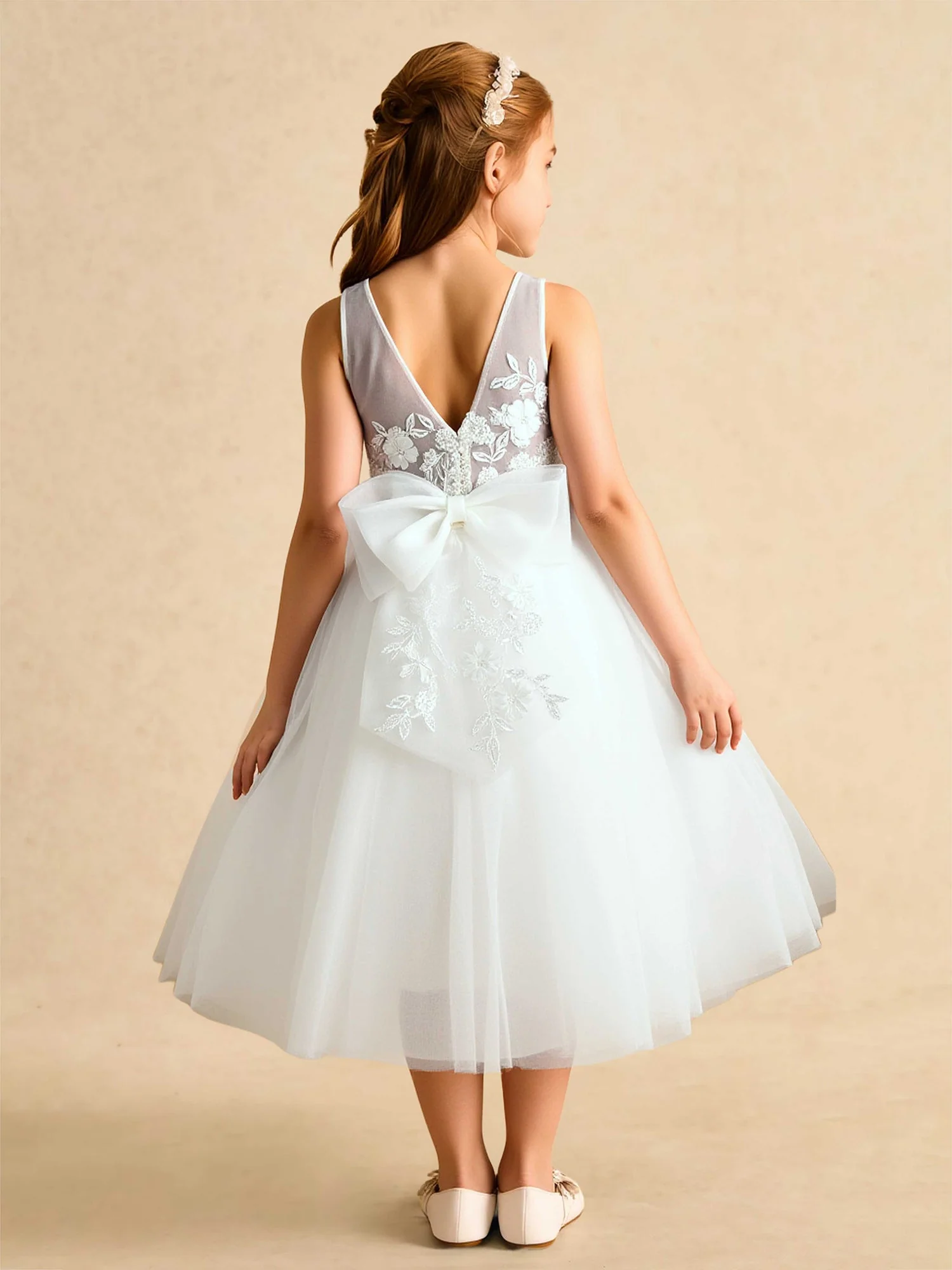 Illusion Scoop Applique Tüll Blumenmädchen Kleid mit Schleife Weiß - Image 2