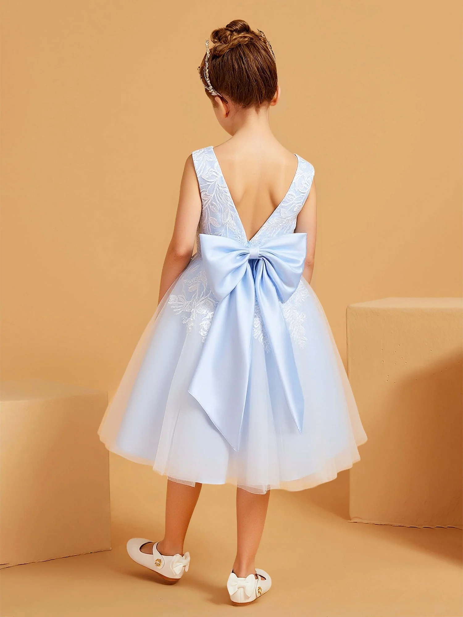 A-Linie V-Ausschnitt Applique Tüll Blumenmädchen Kleid mit Schleife Himmelblau - Image 2
