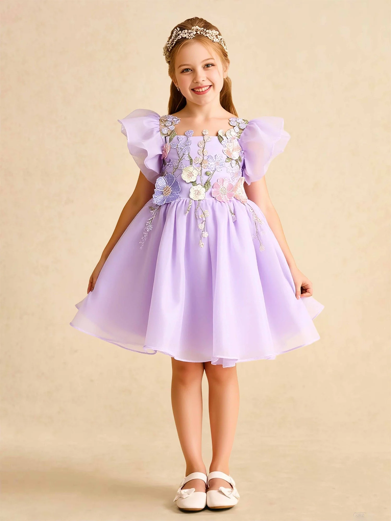 Illusion Ausschnitt Applique Knielang Blumenmädchen Kleid Lila