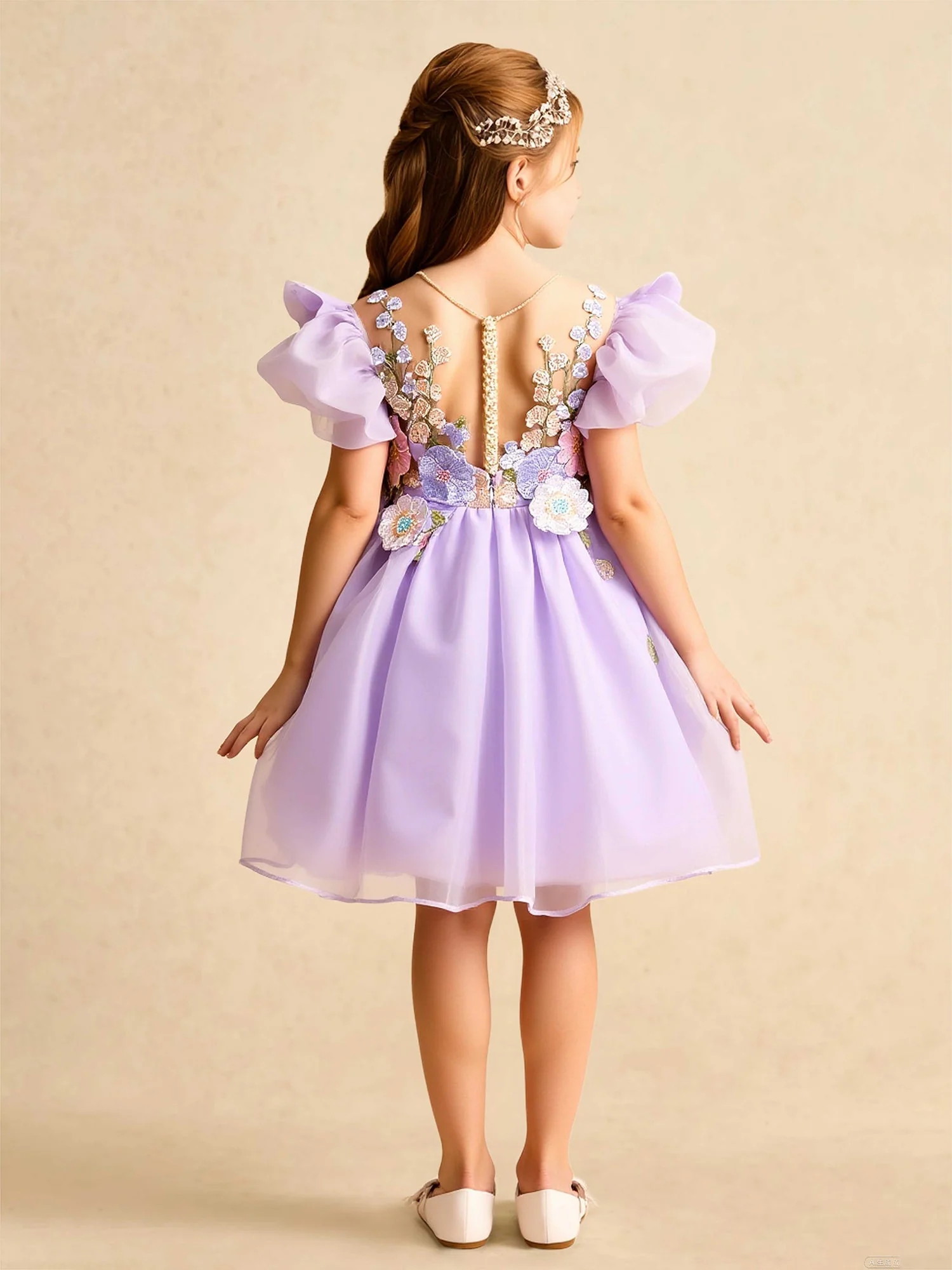 Illusion Ausschnitt Applique Knielang Blumenmädchen Kleid Lila - Image 2