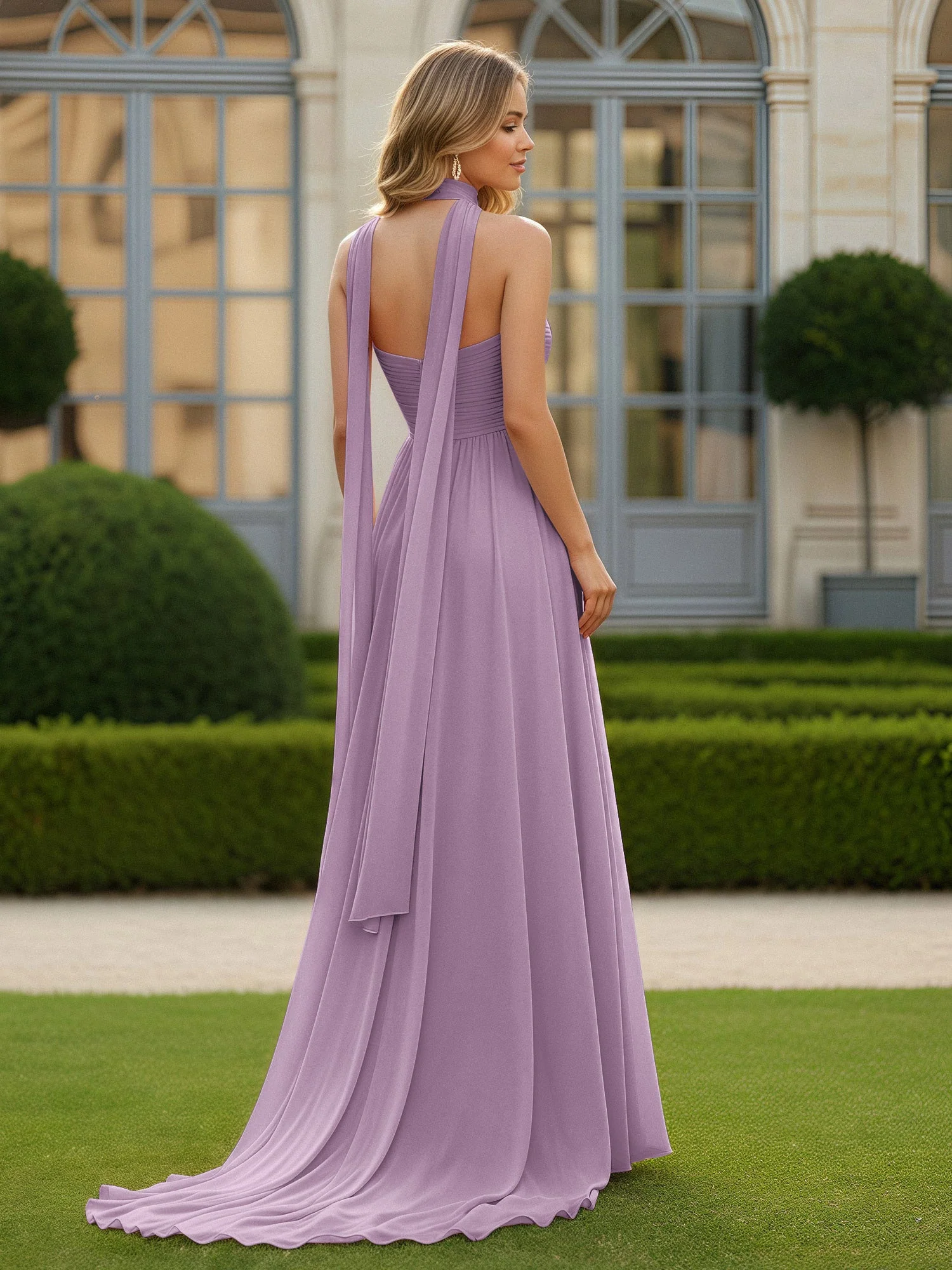 Plissee Herzform Ausschnitt A-Linie Chiffon Kleid mit Schlitz Blauregen - Image 2
