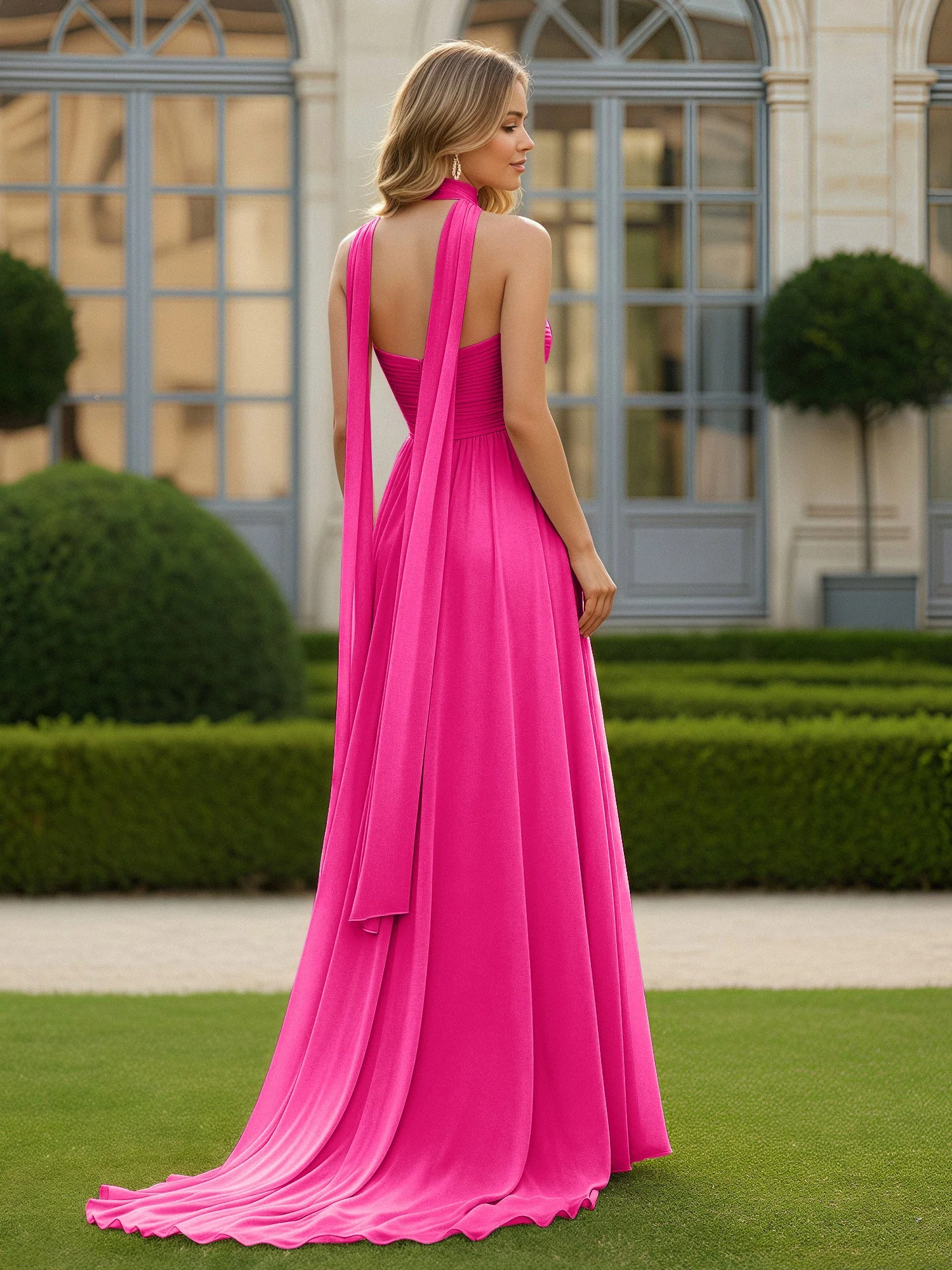 Plissee Herzform Ausschnitt A-Linie Chiffon Kleid mit Schlitz Fuchsia - Image 2