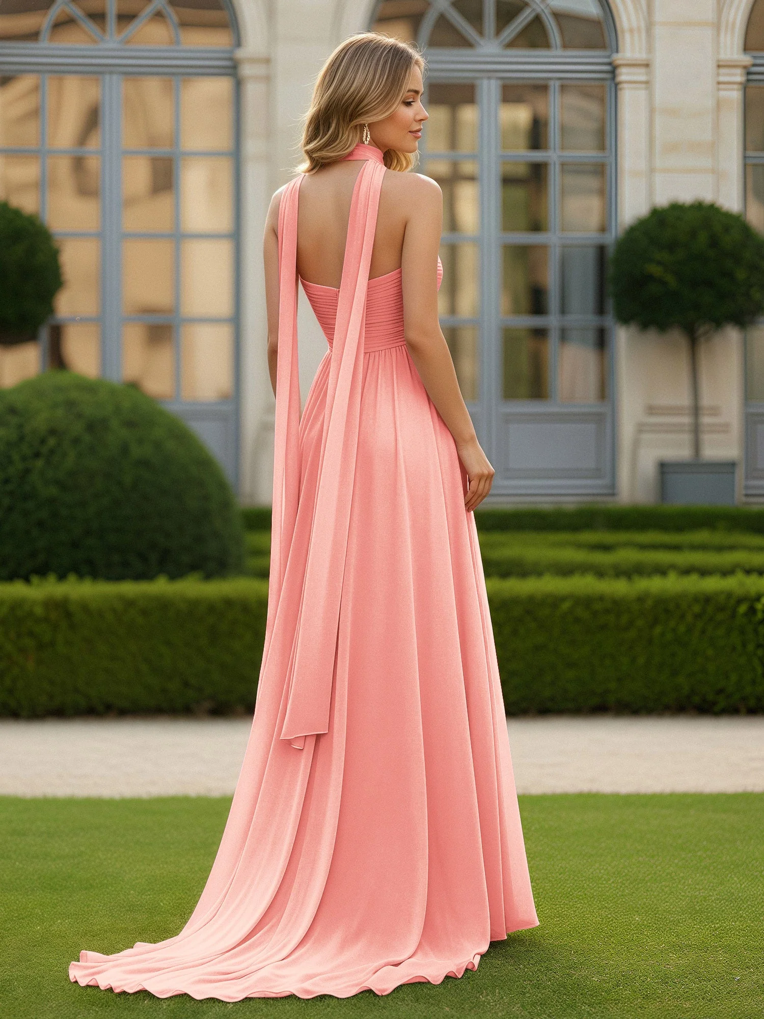 Plissee Herzform Ausschnitt A-Linie Chiffon Kleid mit Schlitz Koralle - Image 2