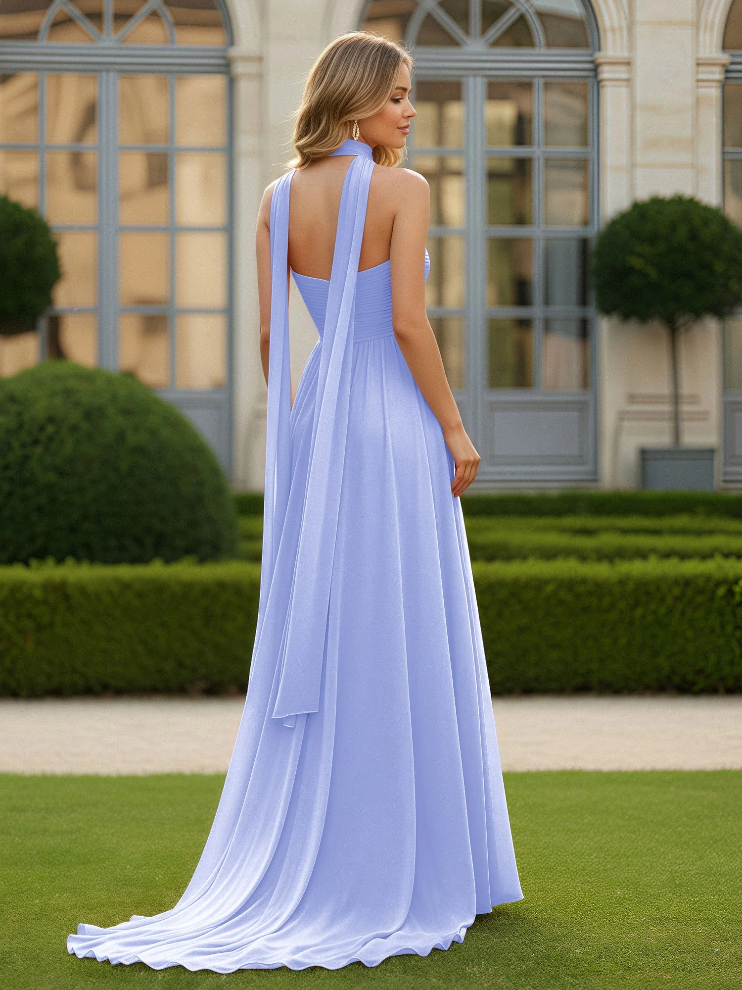 Plissee Herzform Ausschnitt A-Linie Chiffon Kleid mit Schlitz Lavendel - Image 2