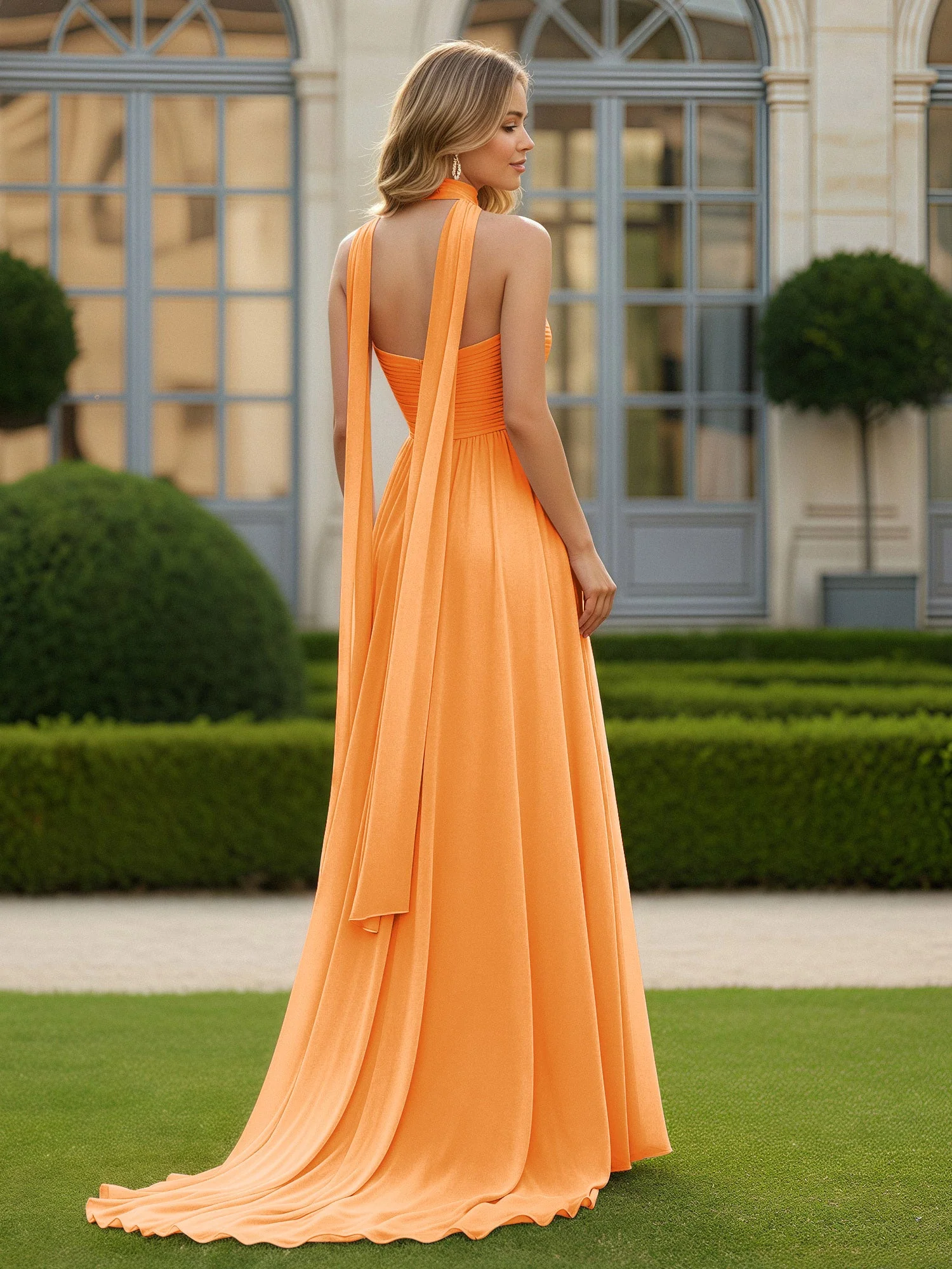 Plissee Herzform Ausschnitt A-Linie Chiffon Kleid mit Schlitz Orange - Image 2