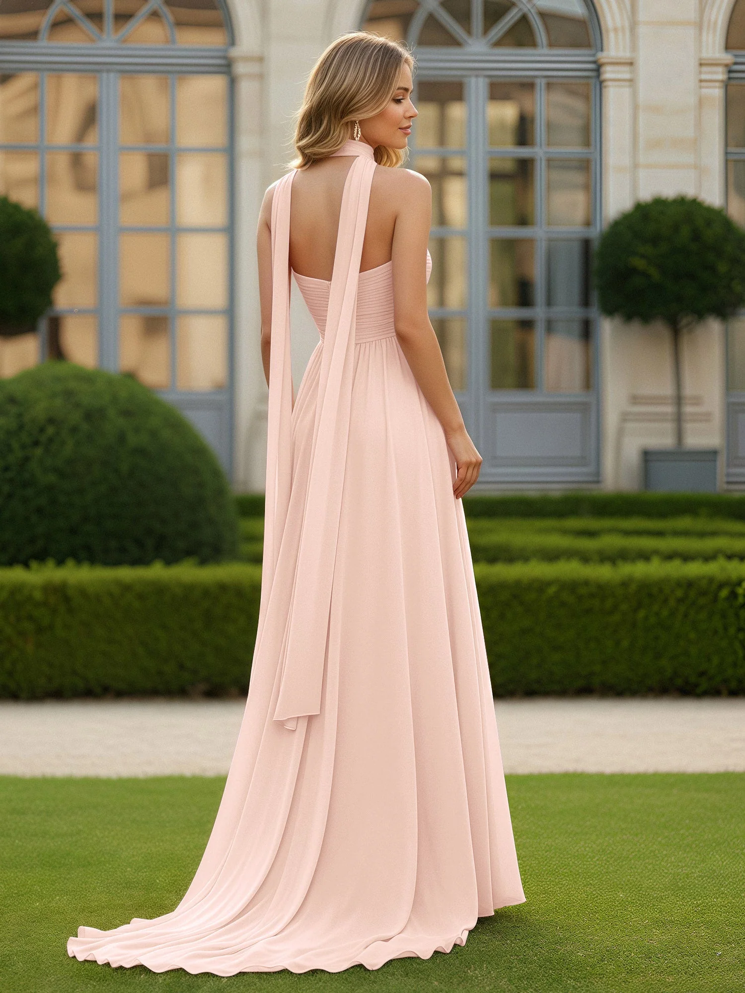 Plissee Herzform Ausschnitt A-Linie Chiffon Kleid mit Schlitz Perlrosa - Image 2