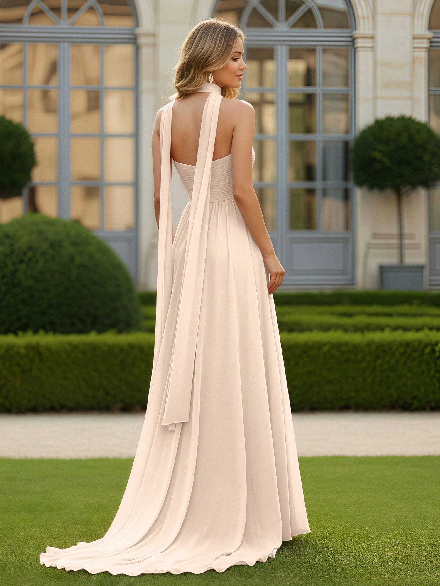 Plissee Herzform Ausschnitt A-Linie Chiffon Kleid mit Schlitz Pfirsich - Image 2