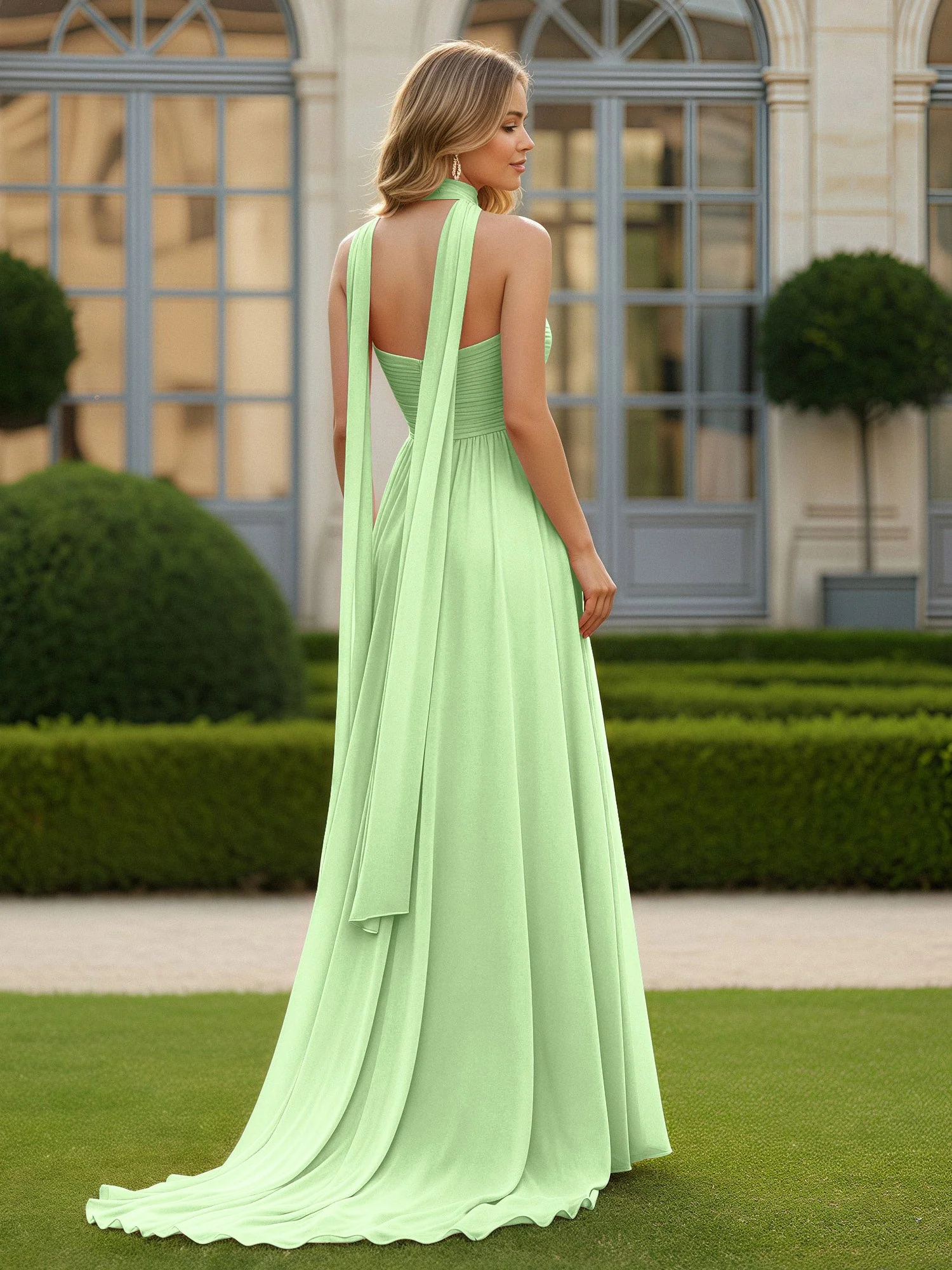 Plissee Herzform Ausschnitt A-Linie Chiffon Kleid mit Schlitz Salbei - Image 2