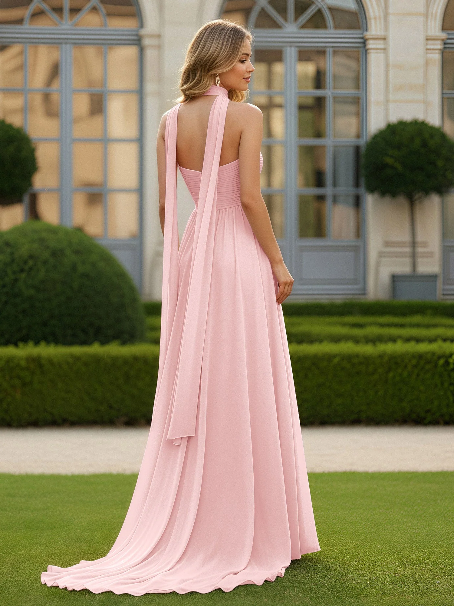 Plissee Herzform Ausschnitt A-Linie Chiffon Kleid mit Schlitz Staubige Rosa - Image 2