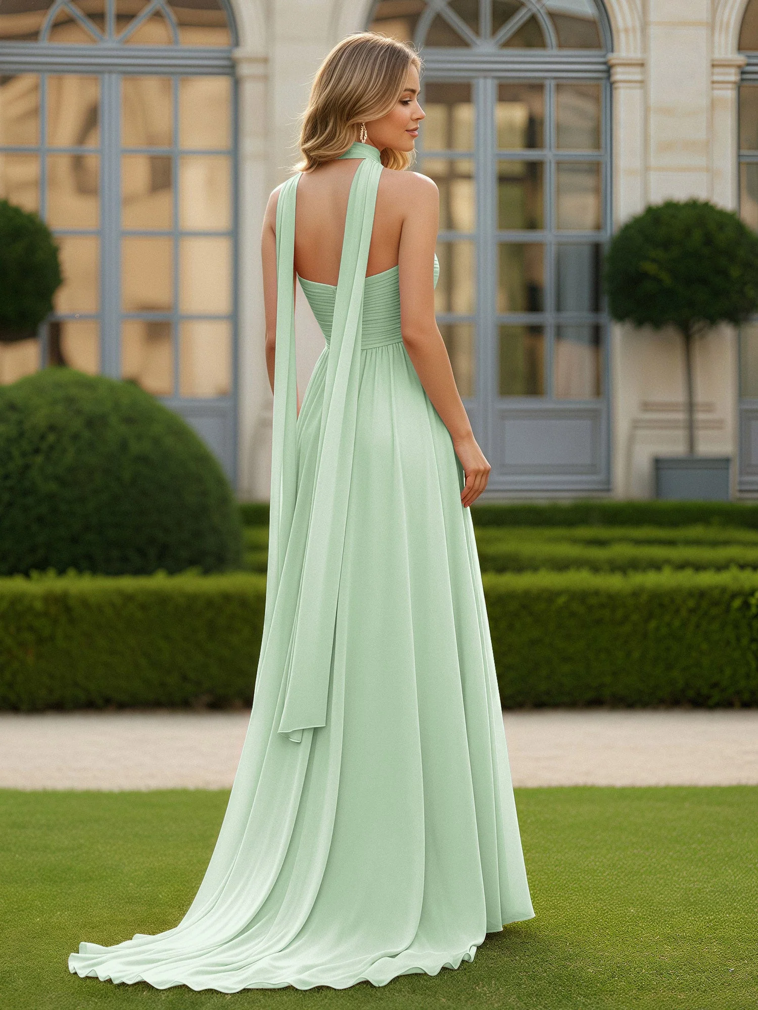 Plissee Herzform Ausschnitt A-Linie Chiffon Kleid mit Schlitz Staubiges Salbei - Image 2