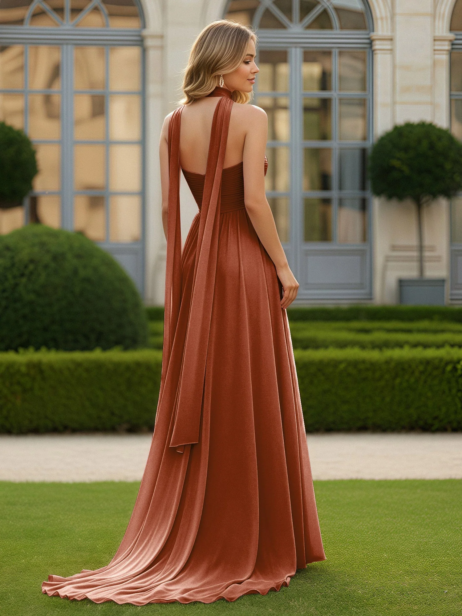 Plissee Herzform Ausschnitt A-Linie Chiffon Kleid mit Schlitz Terrakotta - Image 2