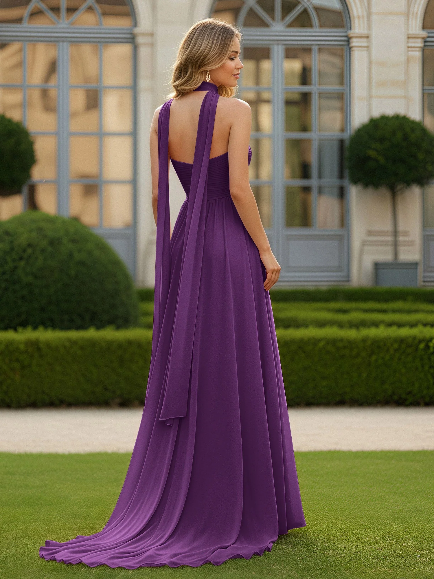 Plissee Herzform Ausschnitt A-Linie Chiffon Kleid mit Schlitz Traube - Image 2