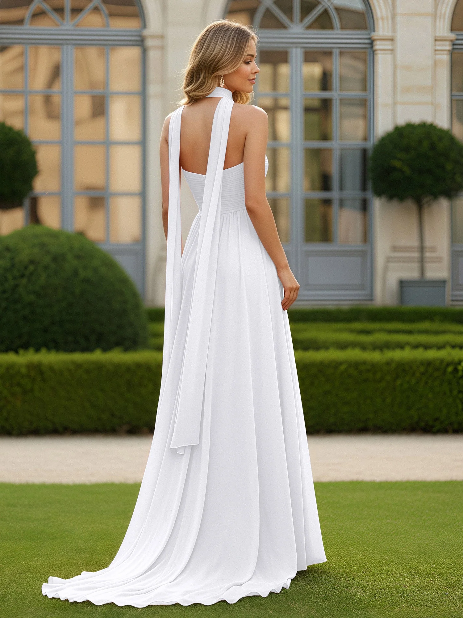 Plissee Herzform Ausschnitt A-Linie Chiffon Kleid mit Schlitz Weiß - Image 2