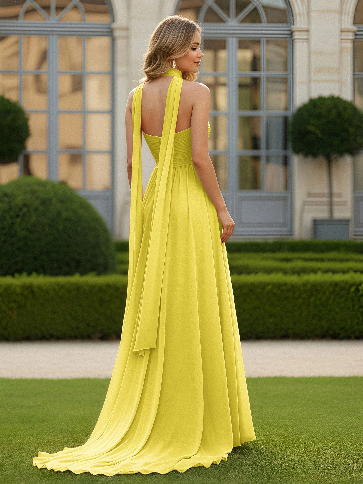 Plissee Herzform Ausschnitt A-Linie Chiffon Kleid mit Schlitz Zitrone - Image 2
