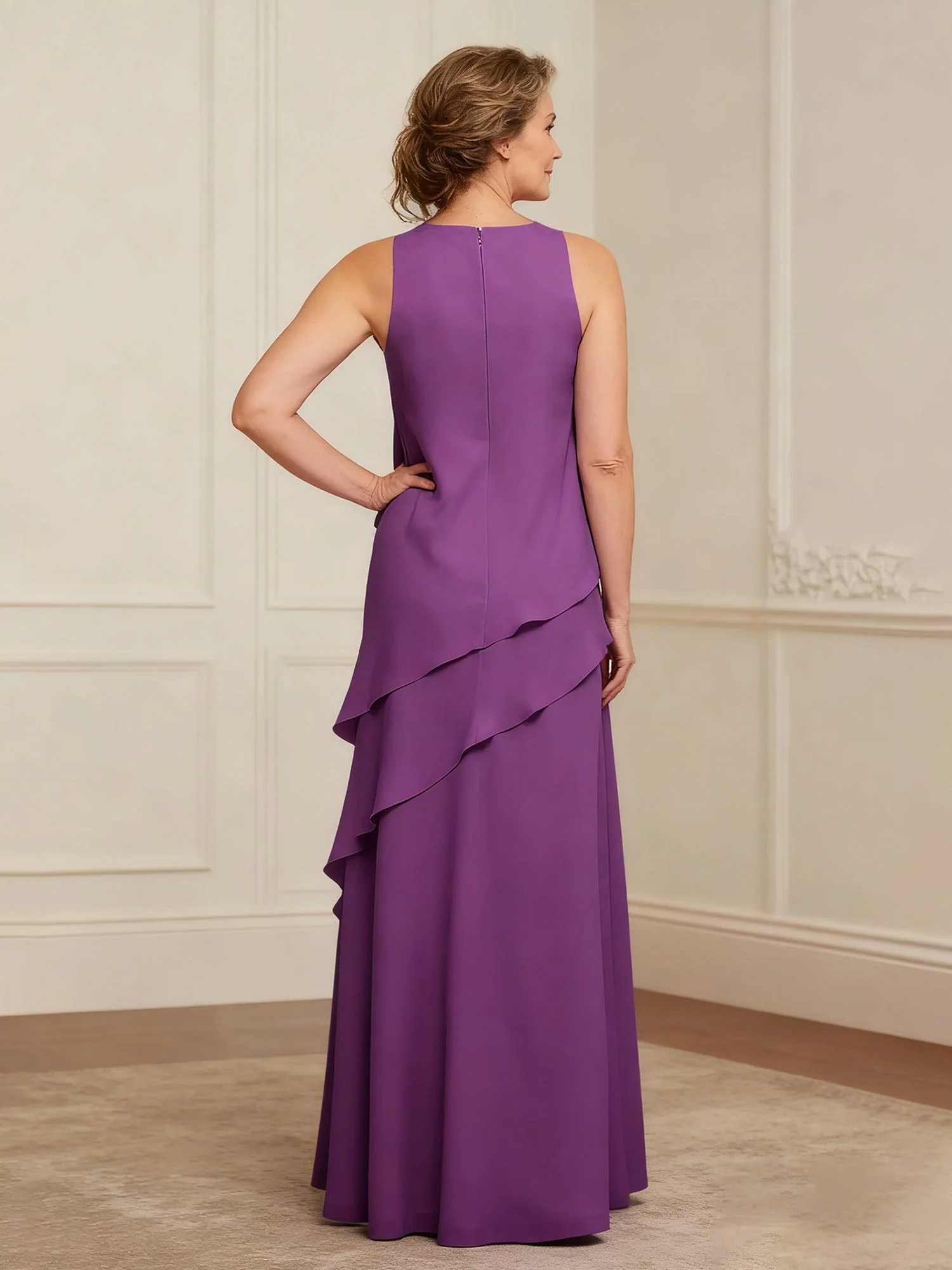 Scoop Ausschnitt Rüschen A-Linie Bodenlang Chiffon Kleid Kleegrün - Image 2