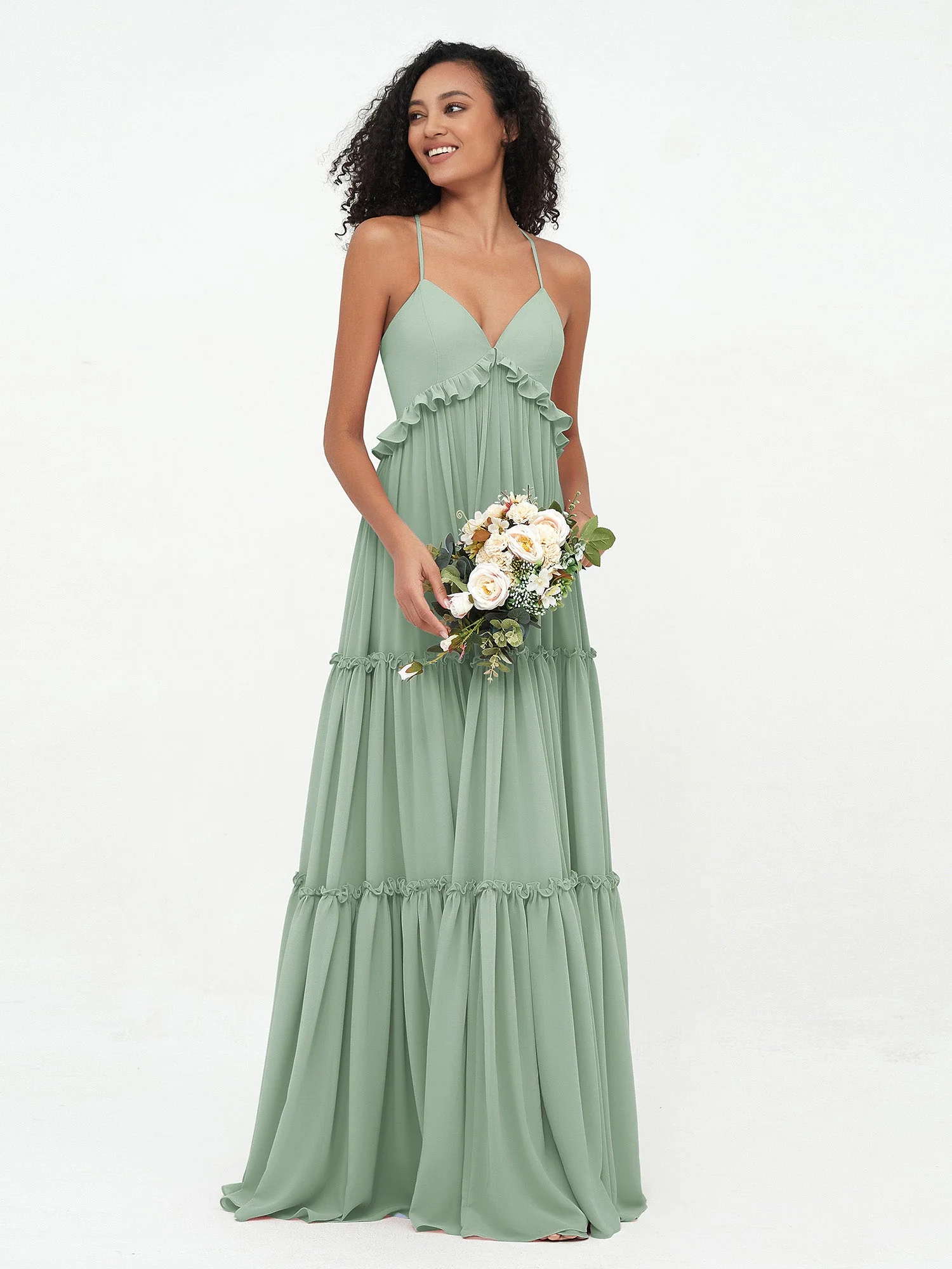 Empire Chiffon Stufenrock Maxi Boho Kleider Agavengrün