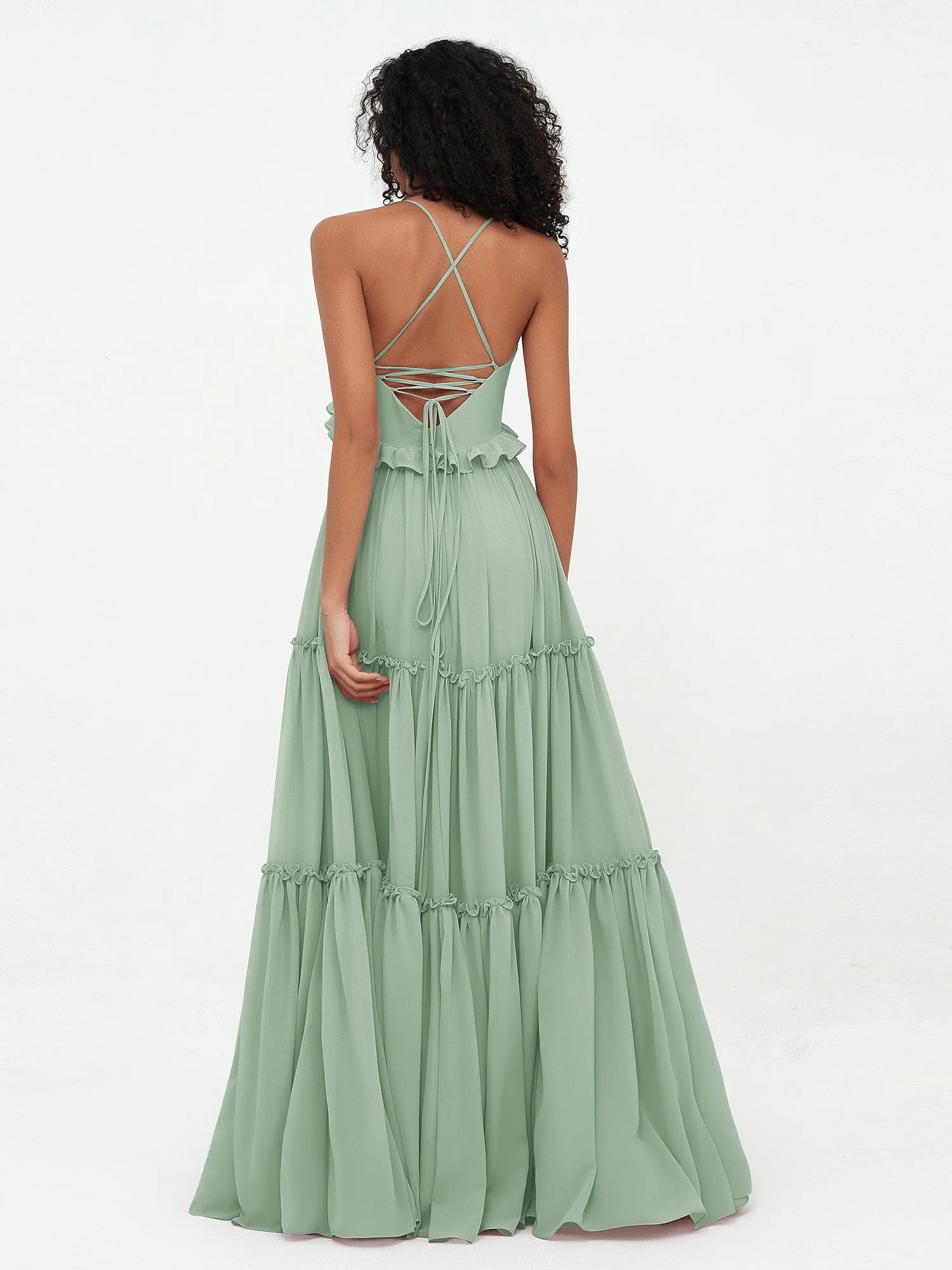 Empire Chiffon Stufenrock Maxi Boho Kleider Agavengrün - Image 2