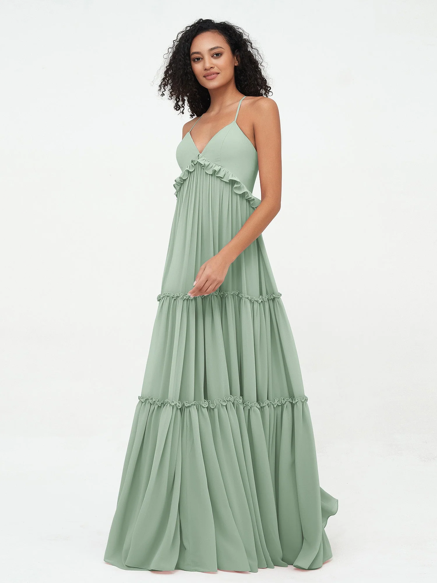 Empire Chiffon Stufenrock Maxi Boho Kleider Agavengrün - Image 3