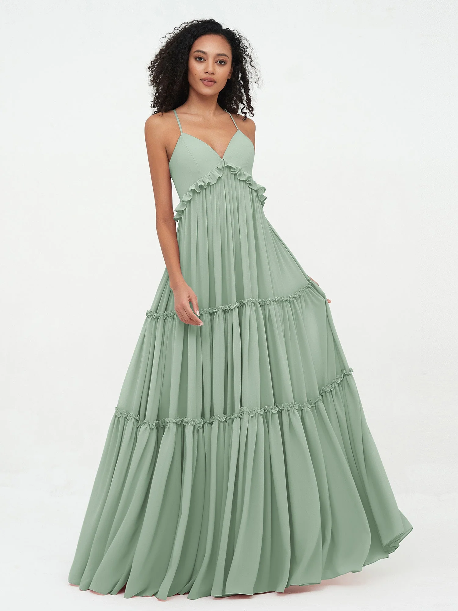 Empire Chiffon Stufenrock Maxi Boho Kleider Agavengrün - Image 4