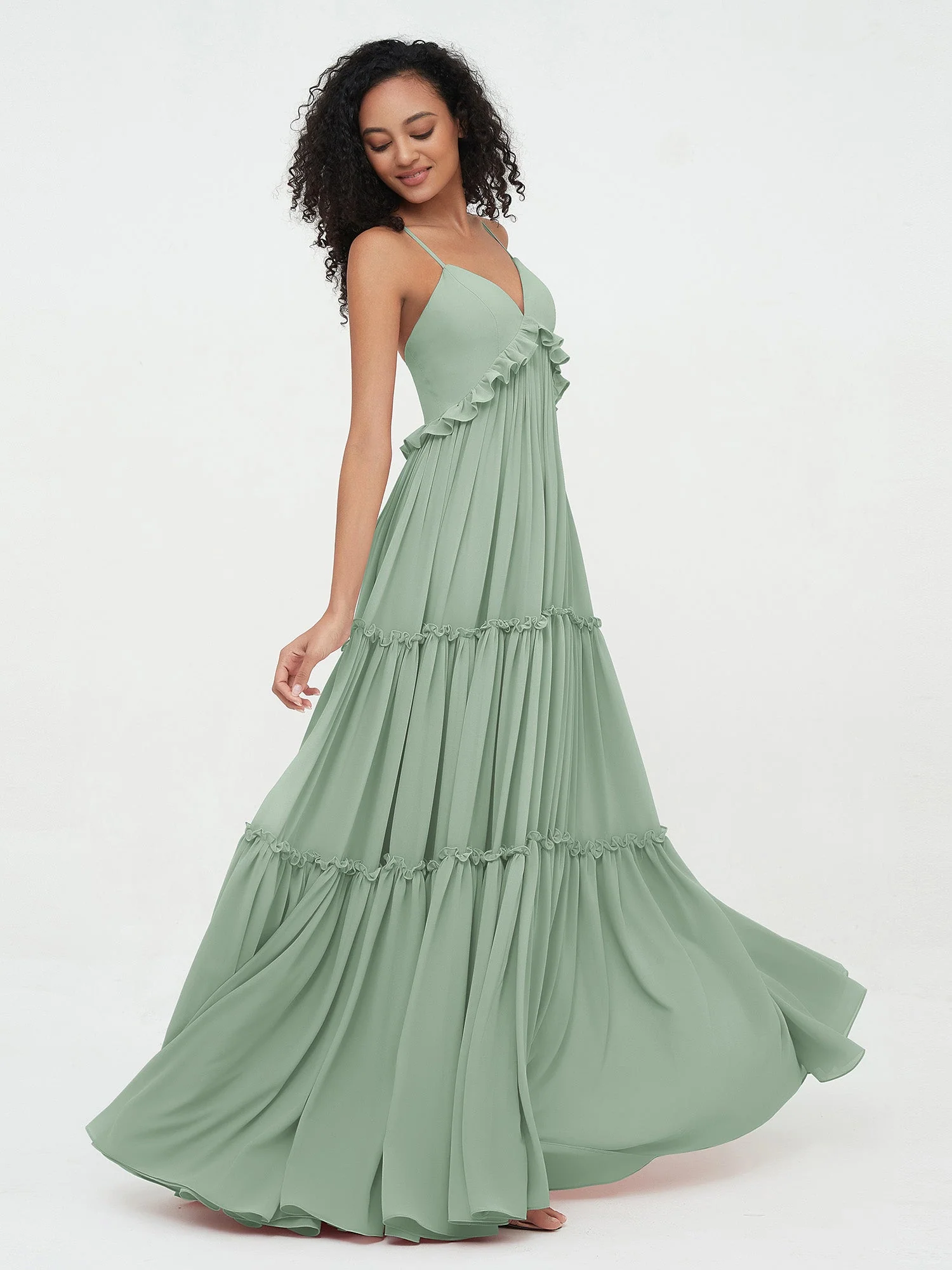 Empire Chiffon Stufenrock Maxi Boho Kleider Agavengrün - Image 5