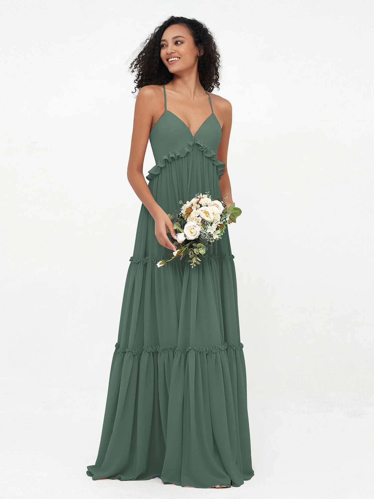 Empire Chiffon Stufenrock Maxi Boho Kleider Eukalyptus