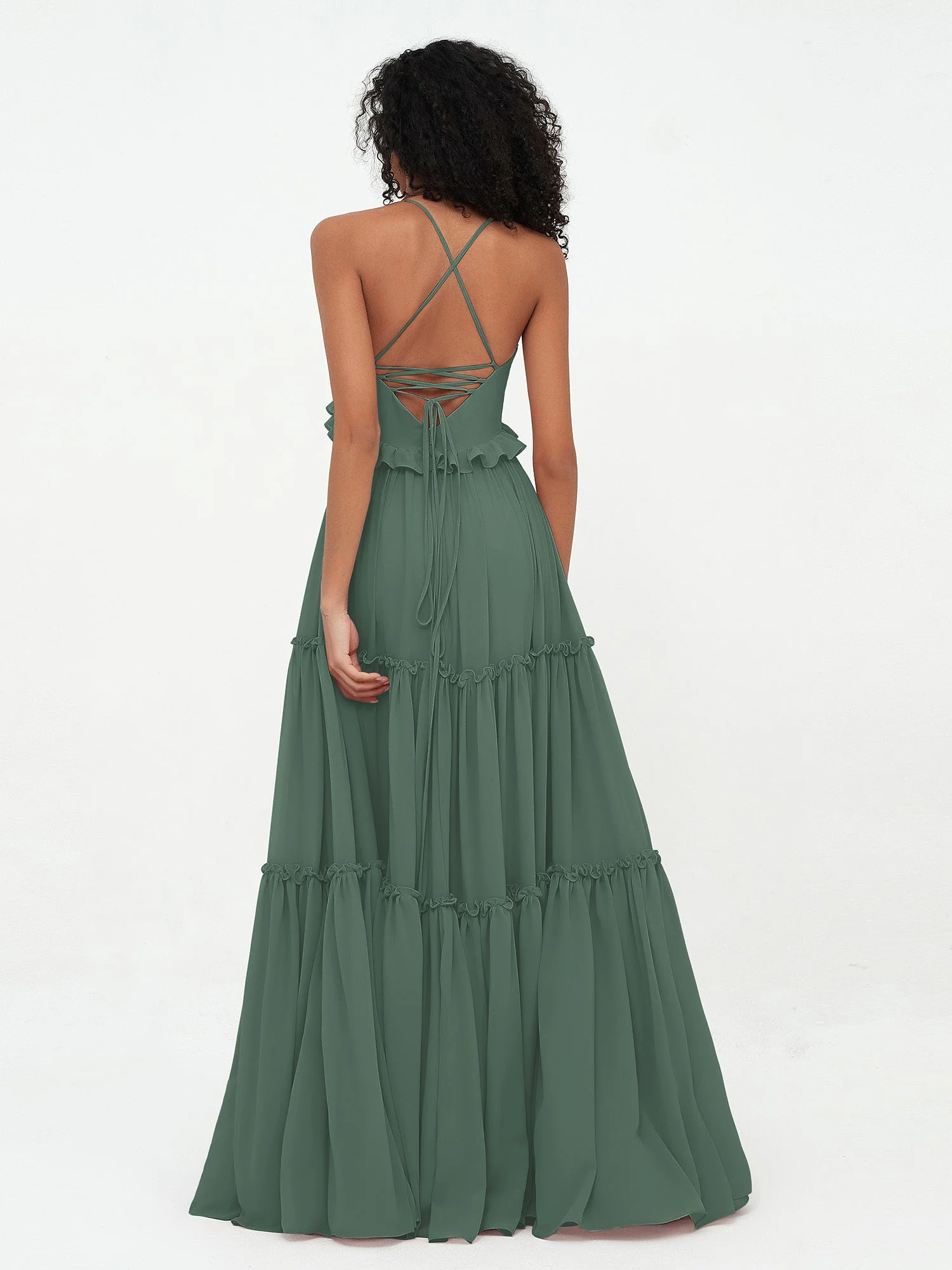Empire Chiffon Stufenrock Maxi Boho Kleider Eukalyptus - Image 2