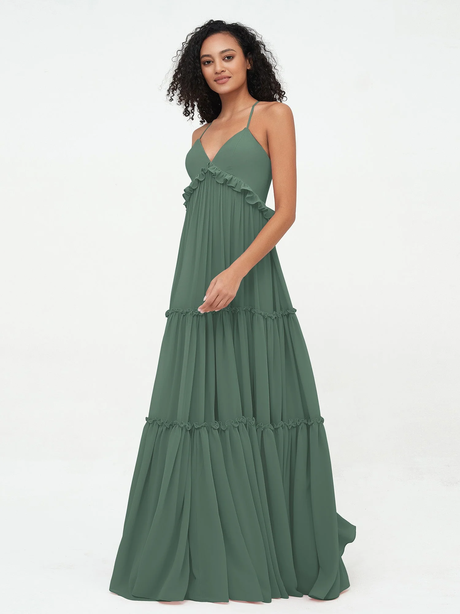 Empire Chiffon Stufenrock Maxi Boho Kleider Eukalyptus - Image 3