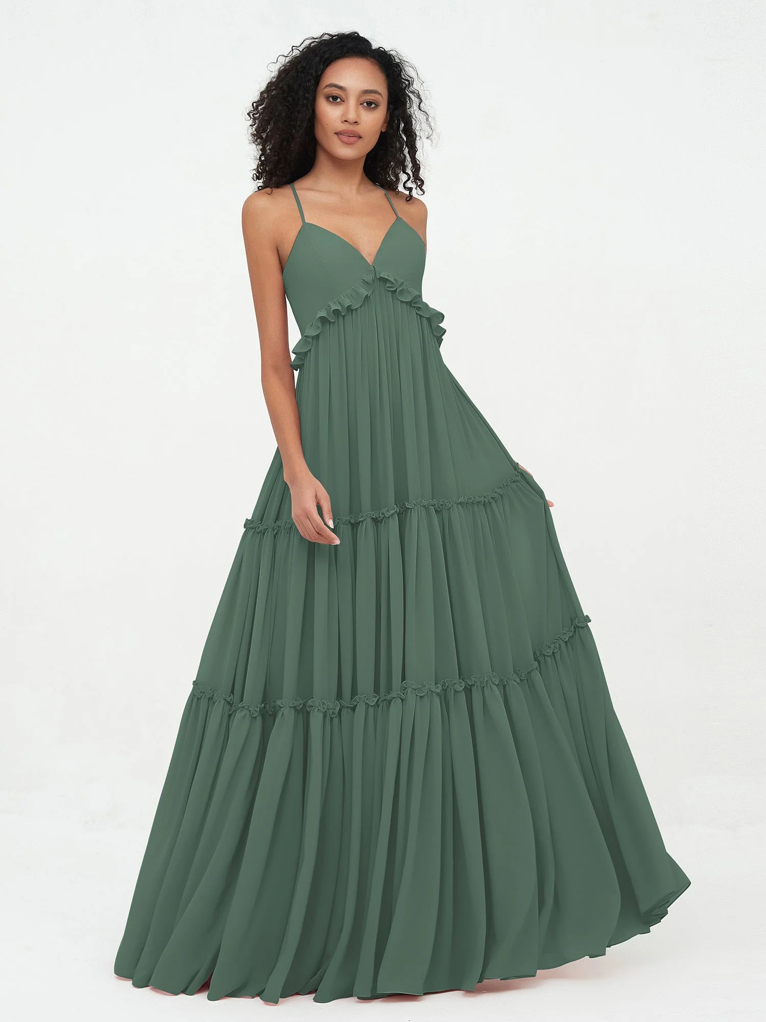 Empire Chiffon Stufenrock Maxi Boho Kleider Eukalyptus - Image 4