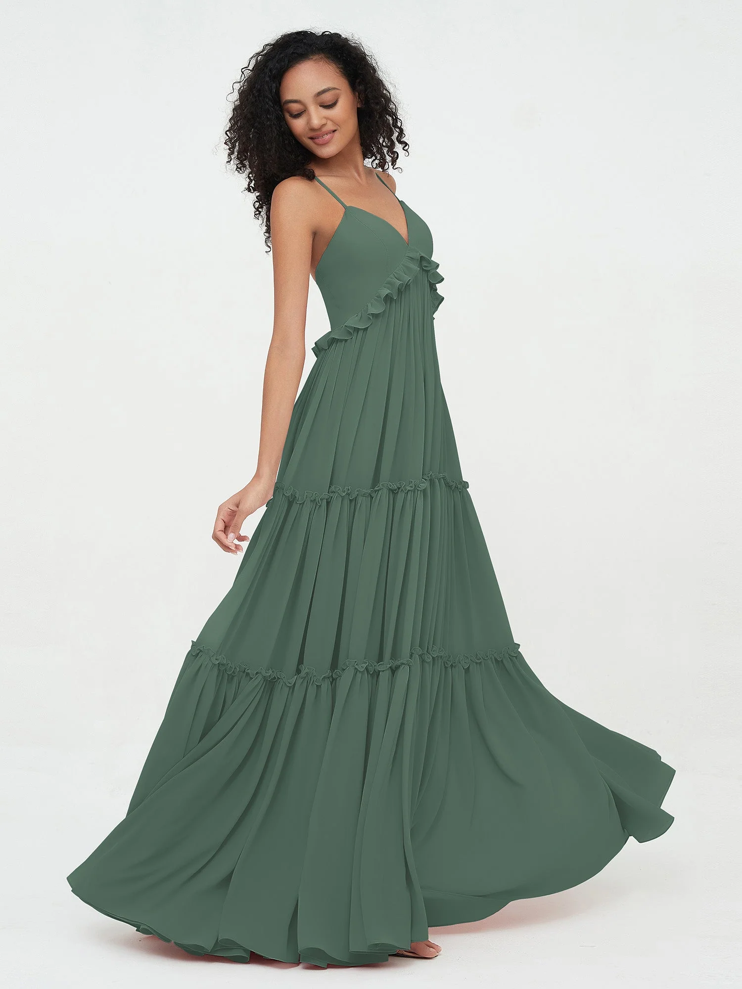 Empire Chiffon Stufenrock Maxi Boho Kleider Eukalyptus - Image 5