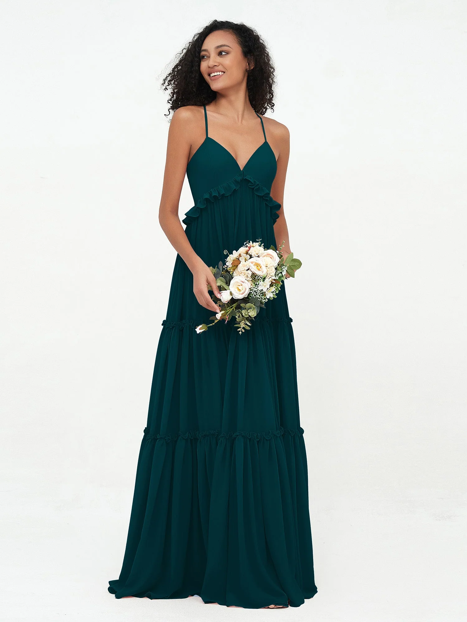 Empire Chiffon Stufenrock Maxi Boho Kleider Kieferngrün