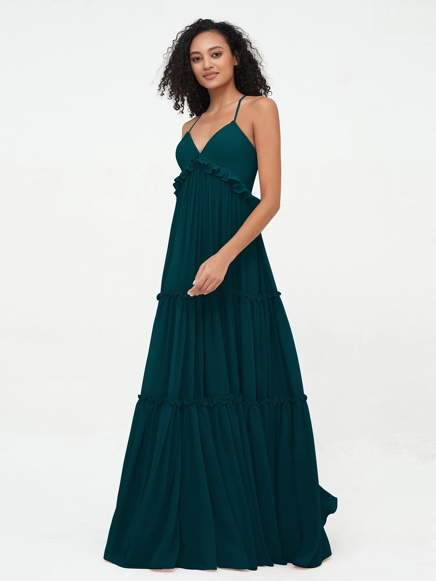 Empire Chiffon Stufenrock Maxi Boho Kleider Kieferngrün - Image 3