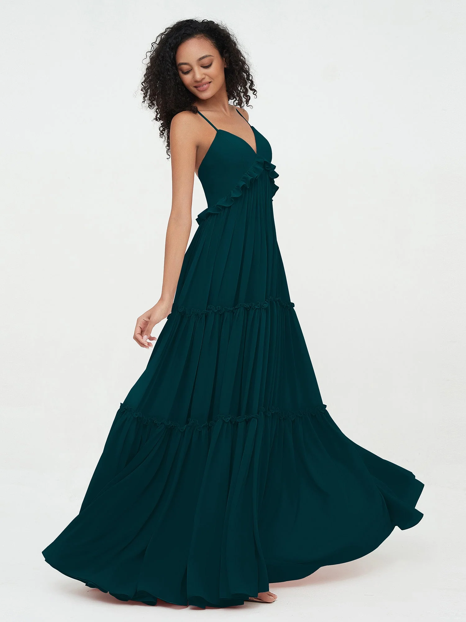 Empire Chiffon Stufenrock Maxi Boho Kleider Kieferngrün - Image 5
