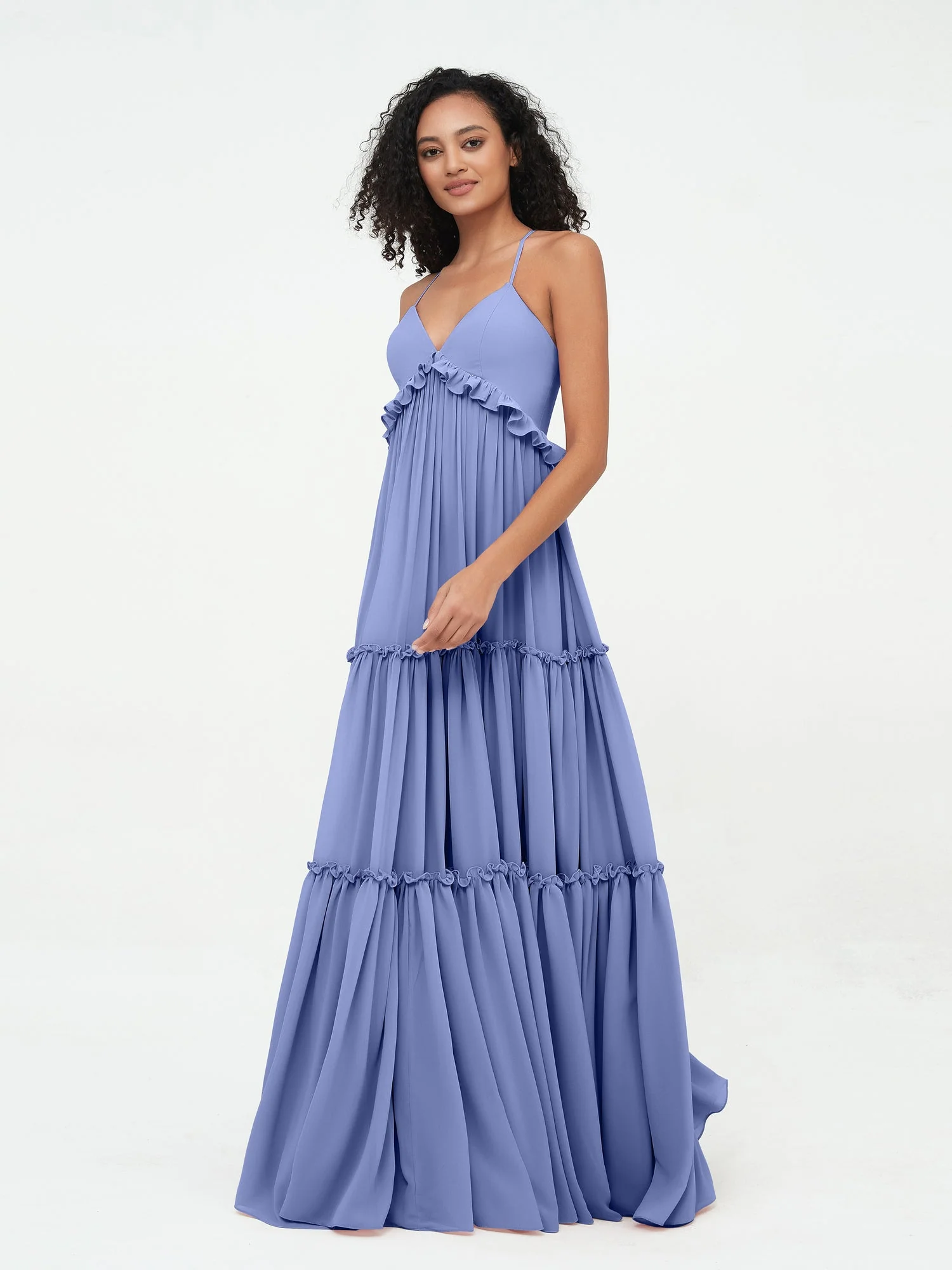 Empire Chiffon Stufenrock Maxi Boho Kleider Periwinkleblau - Image 3