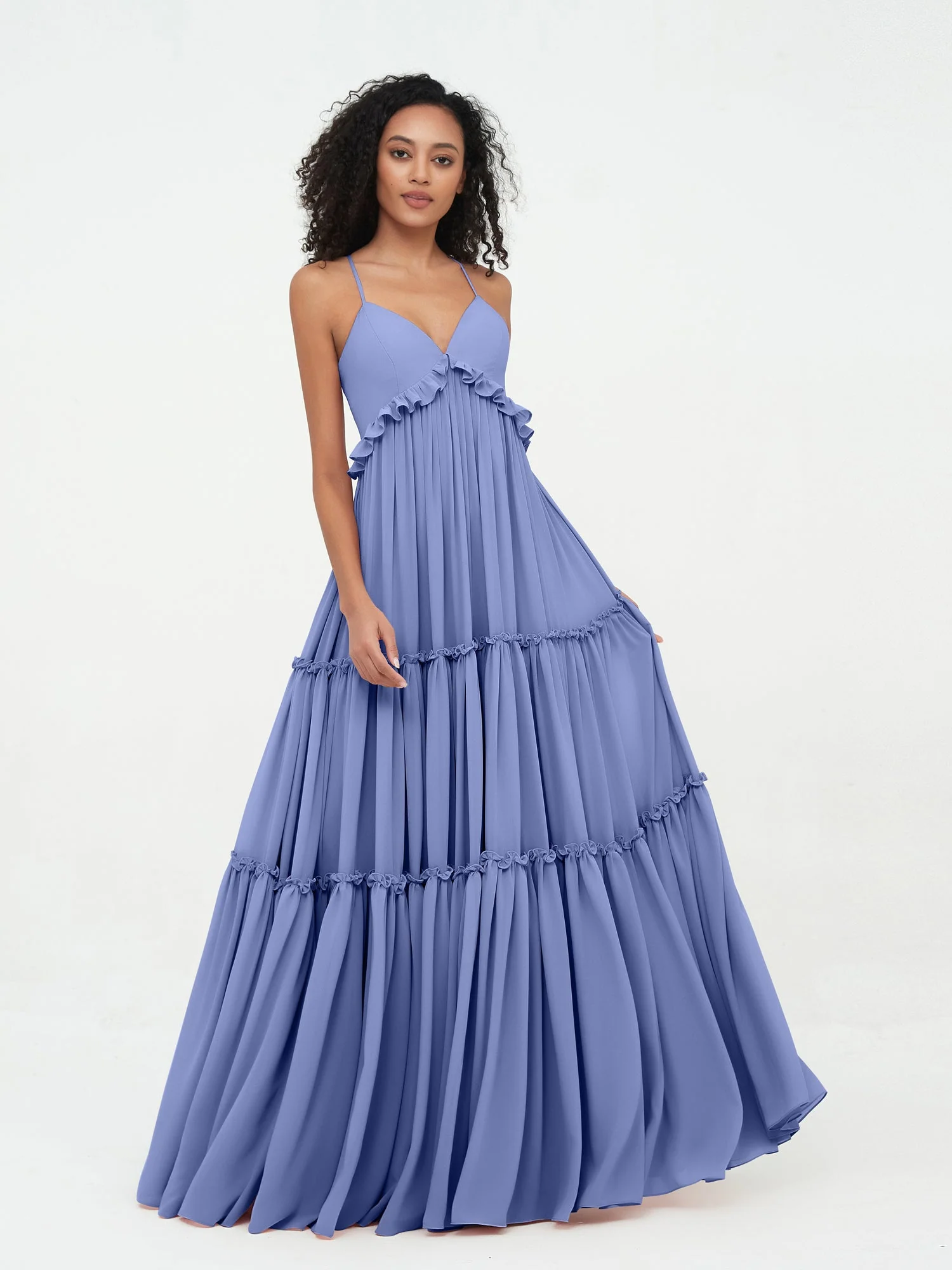 Empire Chiffon Stufenrock Maxi Boho Kleider Periwinkleblau - Image 4