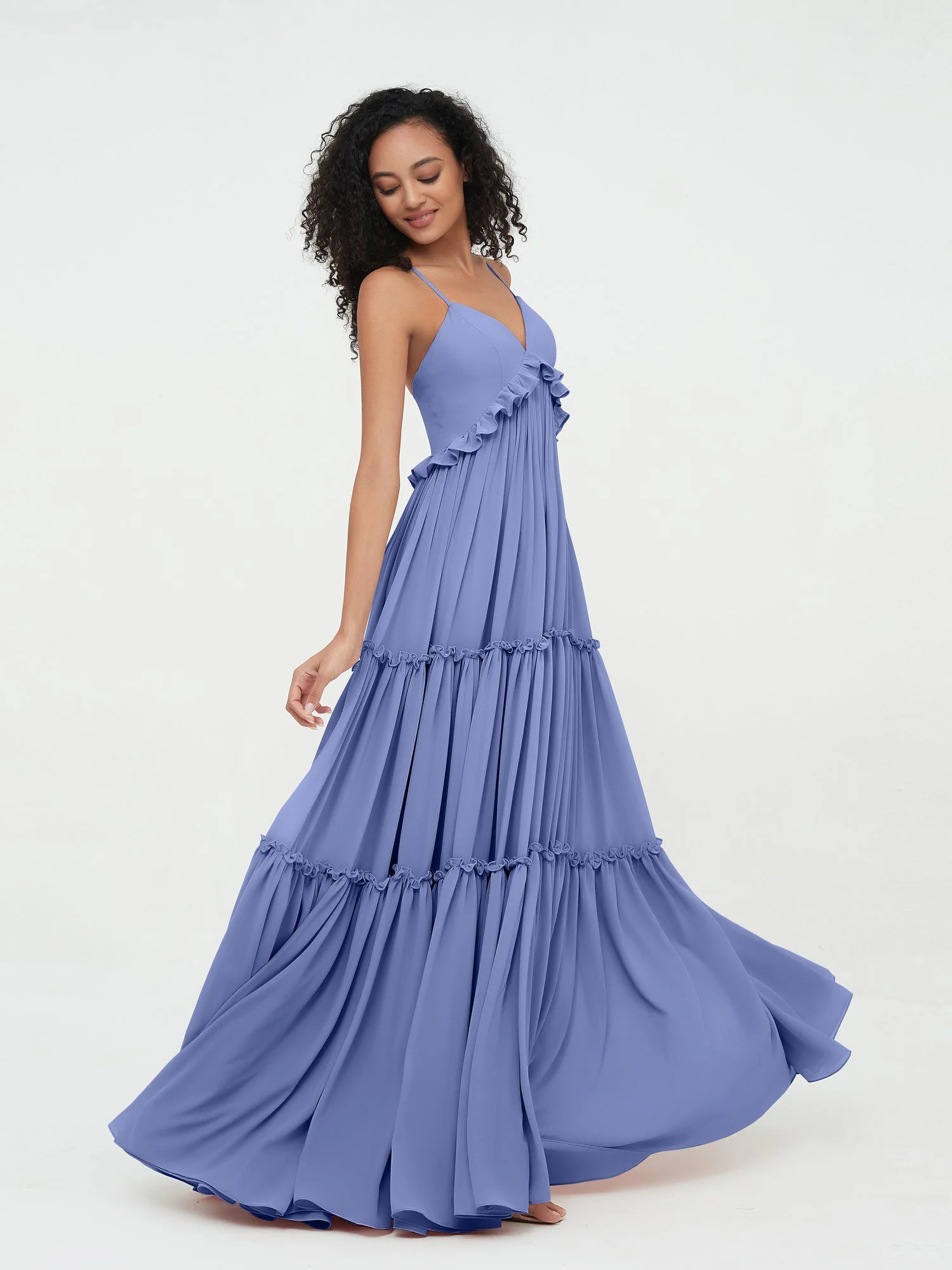 Empire Chiffon Stufenrock Maxi Boho Kleider Periwinkleblau - Image 5