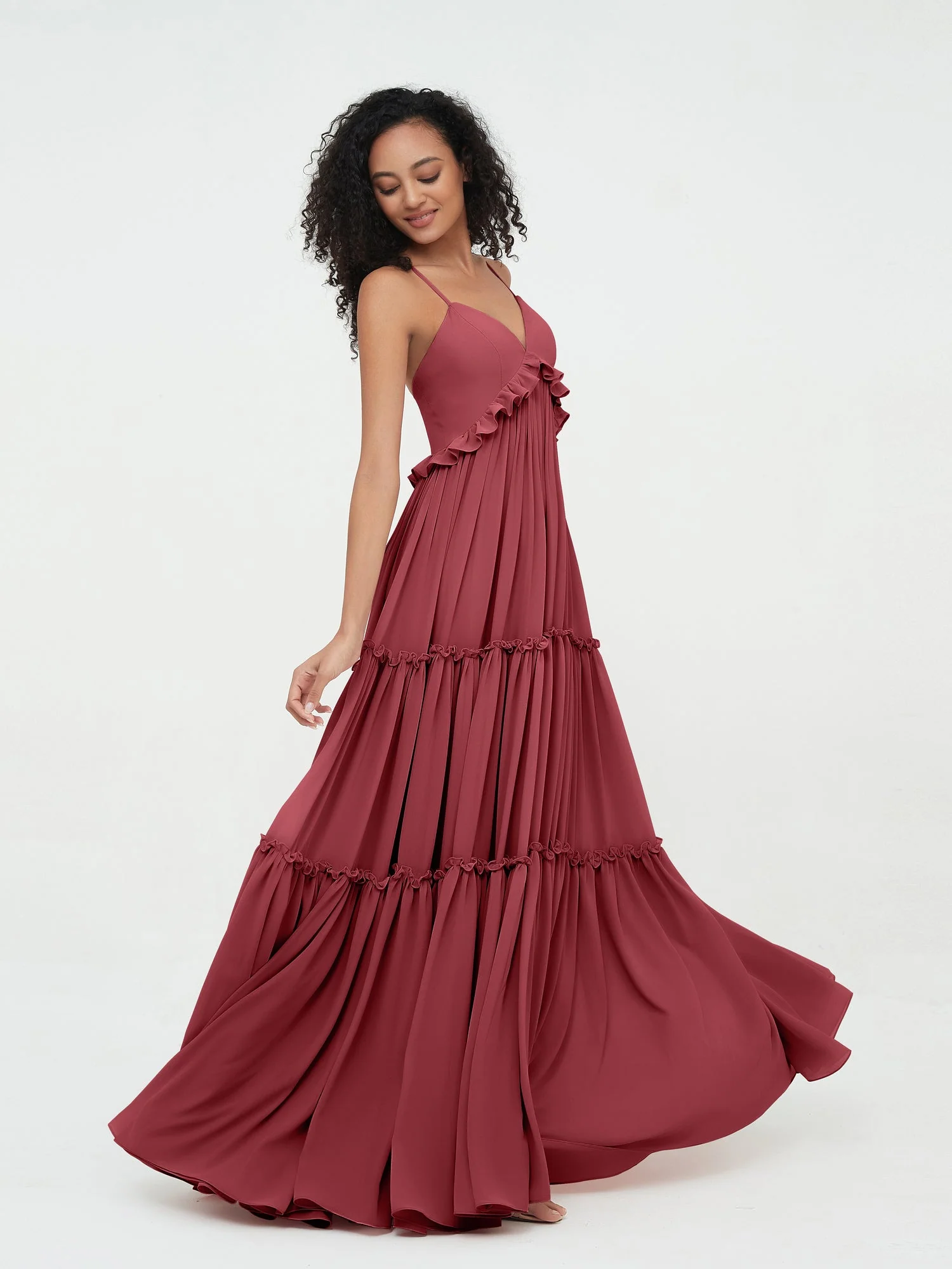 Empire Chiffon Stufenrock Maxi Boho Kleider Zimtrose - Image 4