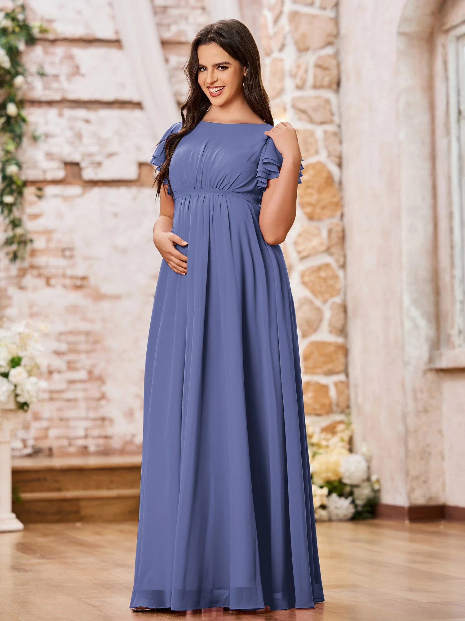 Empire Flügelärmel Bodenlang Maxi Chiffon Kleider Periwinkleblau