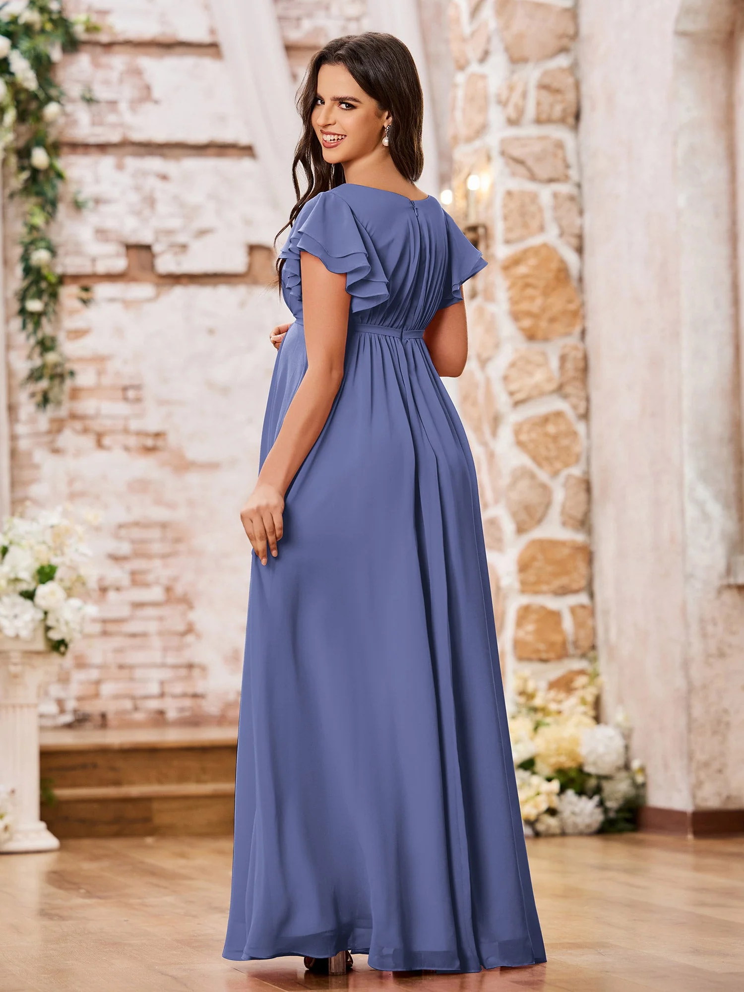 Empire Flügelärmel Bodenlang Maxi Chiffon Kleider Periwinkleblau - Image 2
