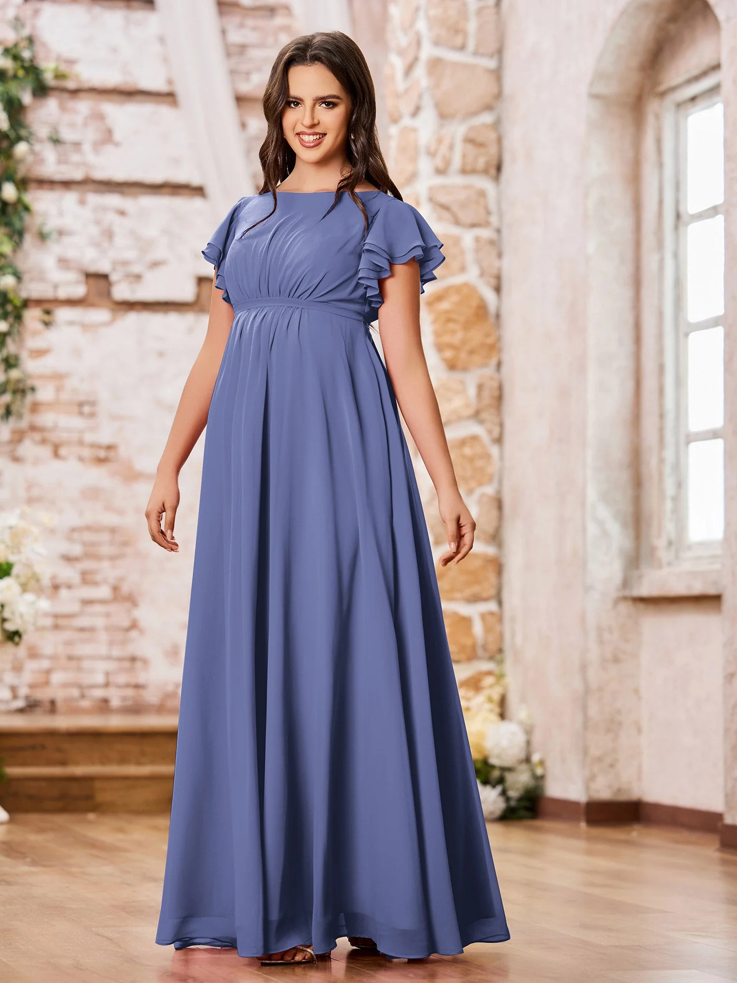 Empire Flügelärmel Bodenlang Maxi Chiffon Kleider Periwinkleblau - Image 3