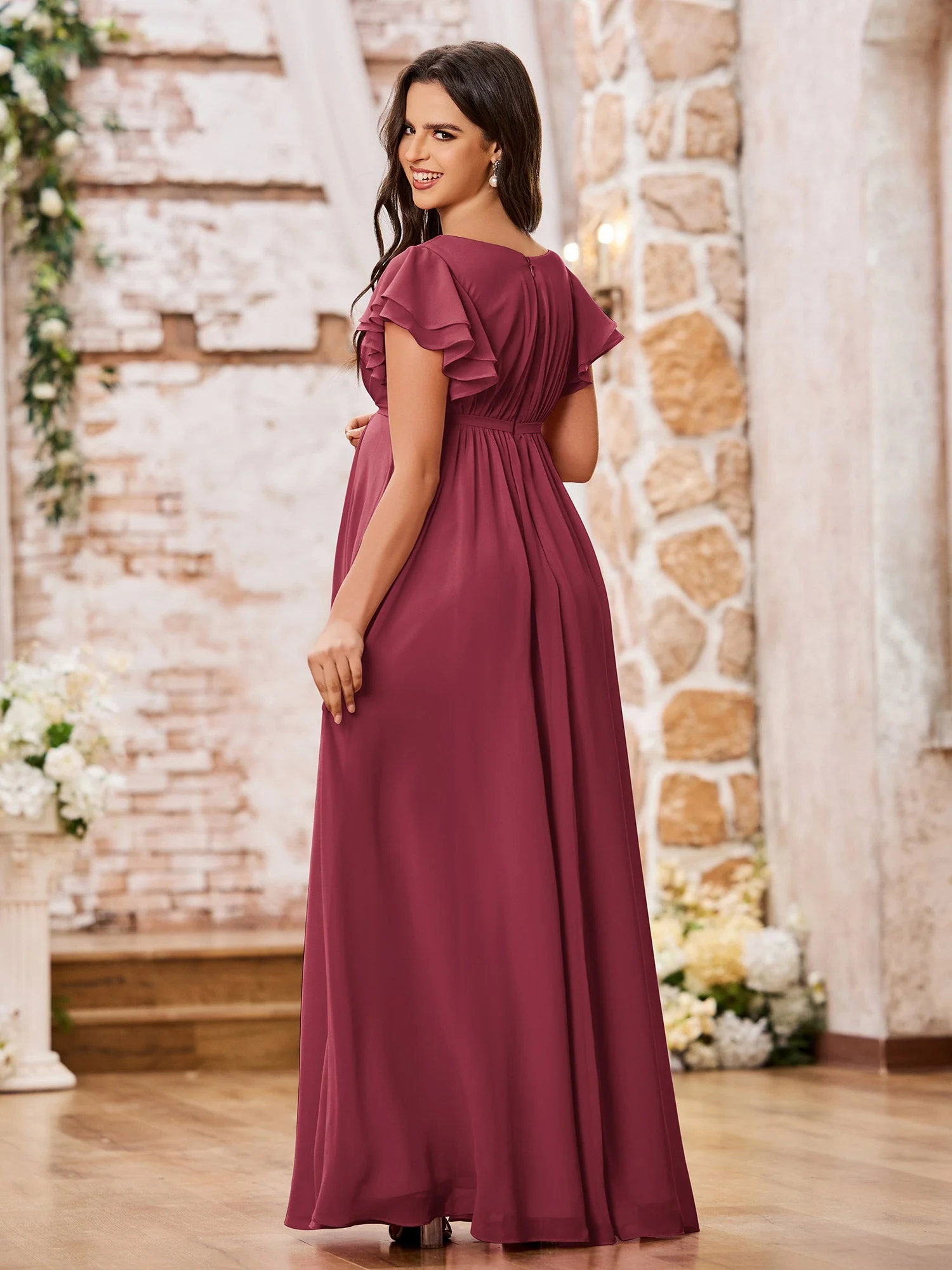 Empire Flügelärmel Bodenlang Maxi Chiffon Kleider Zimtrose - Image 2