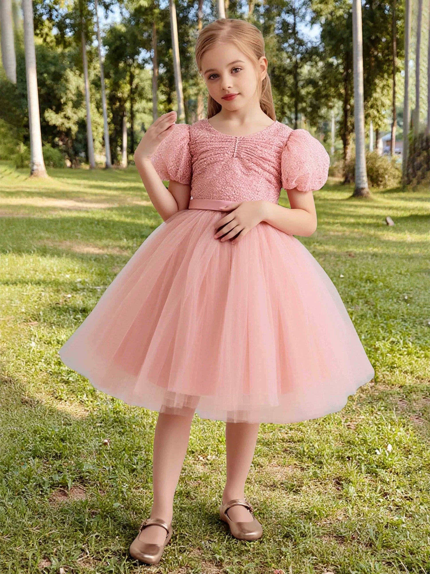 Puff Ärmel Gerafft Pailletten Oberteil Tüll Blumenmädchen Kleid Koralle