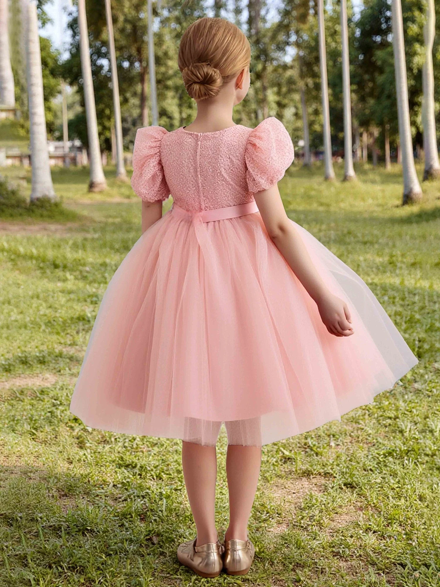 Puff Ärmel Gerafft Pailletten Oberteil Tüll Blumenmädchen Kleid Koralle - Image 2