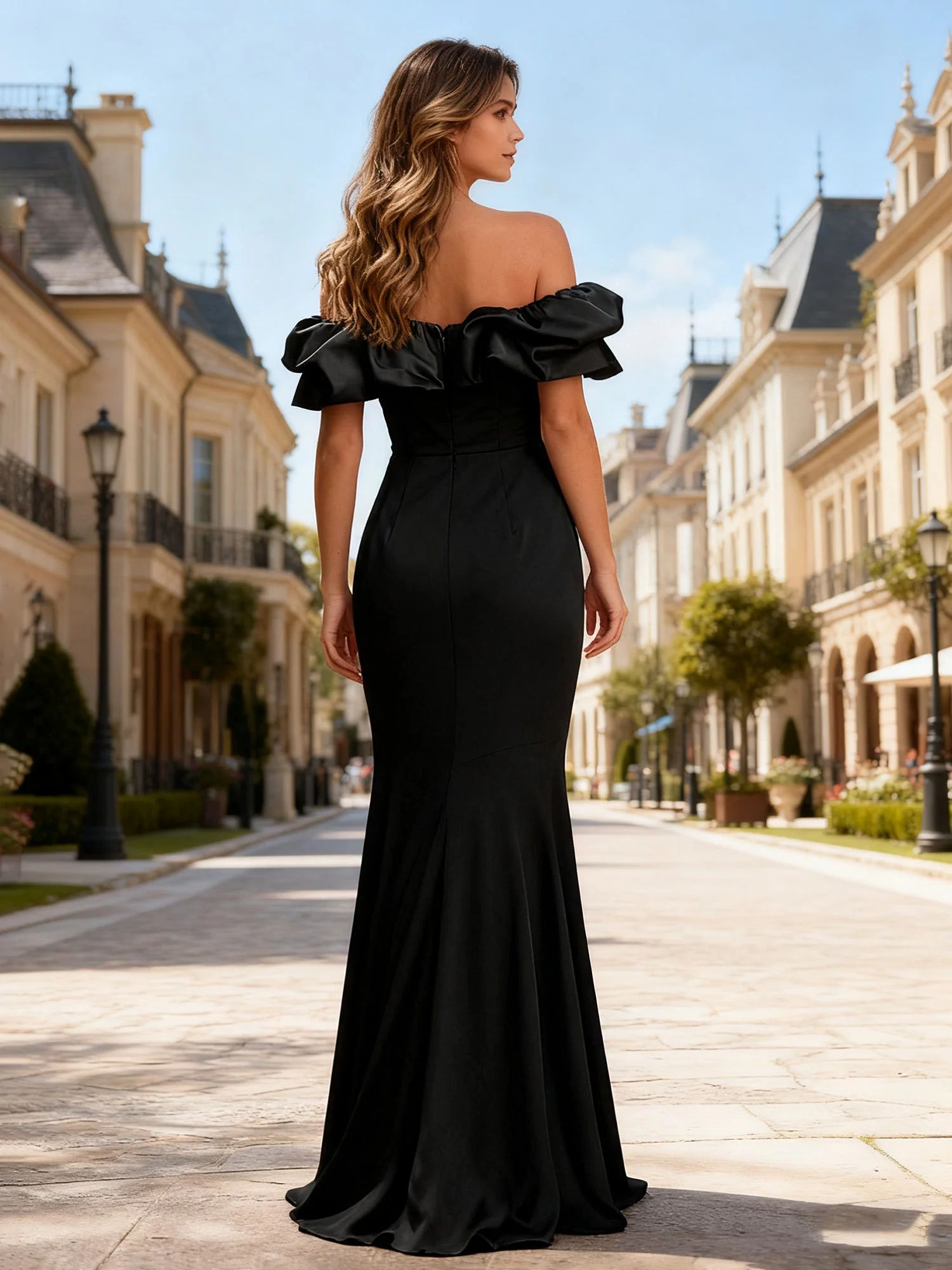 Schulterfrei Rüschen Trim Satin Schlitz Meerjungfrau Kleid Schwarz - Image 2